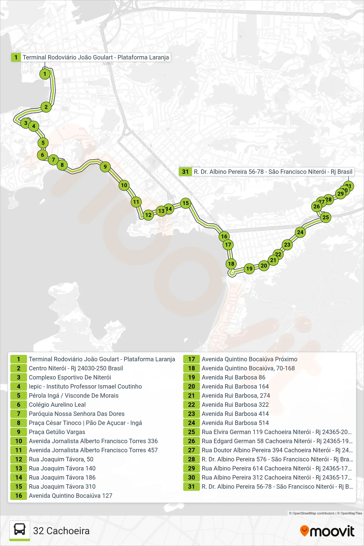 Rota e paradas da linha de ônibus 32 (32 Cachoeira) no mapa