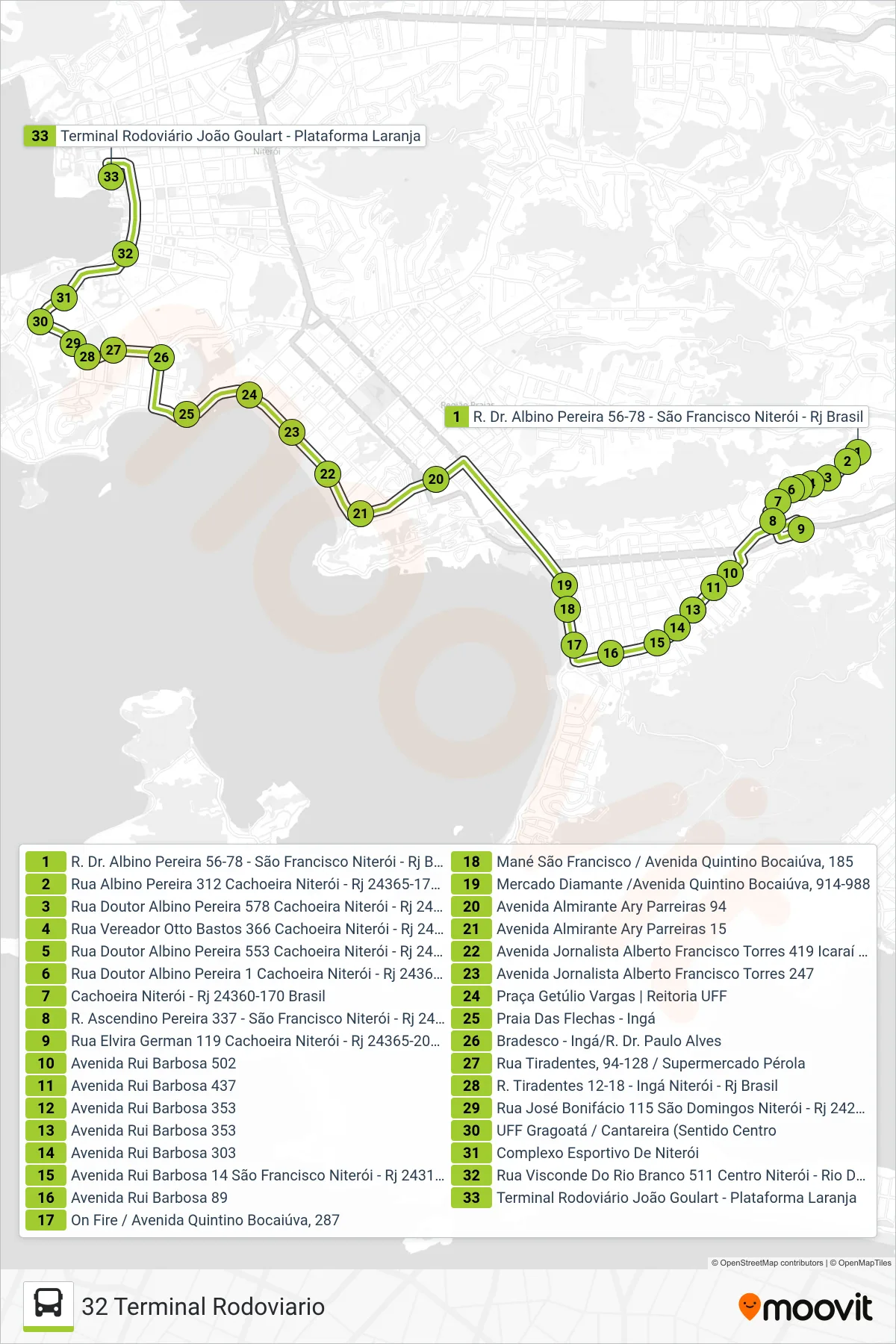 Rota e paradas da linha de ônibus 32 (32 Terminal Rodoviario) no mapa