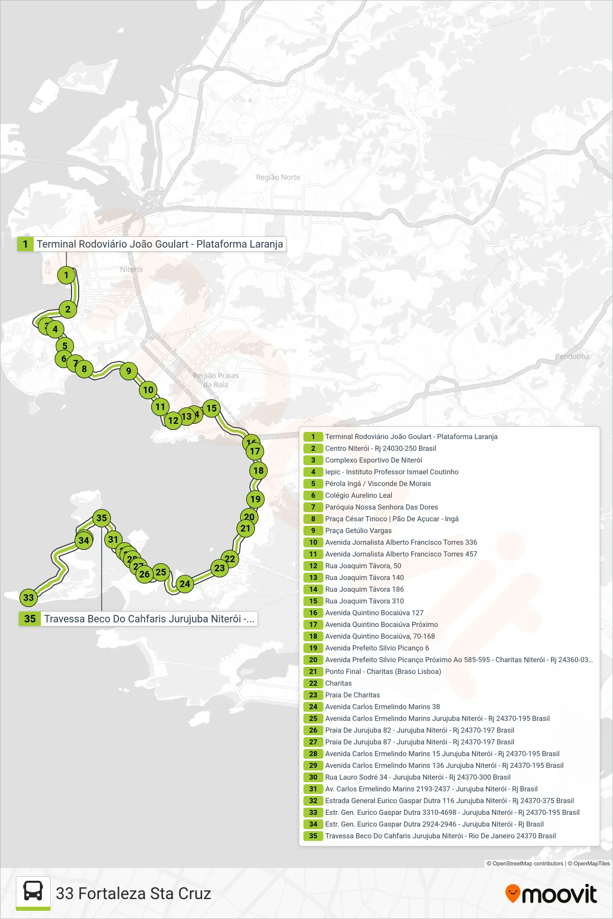 Rota e paradas da linha de ônibus 33 (33 Fortaleza Sta Cruz) no mapa