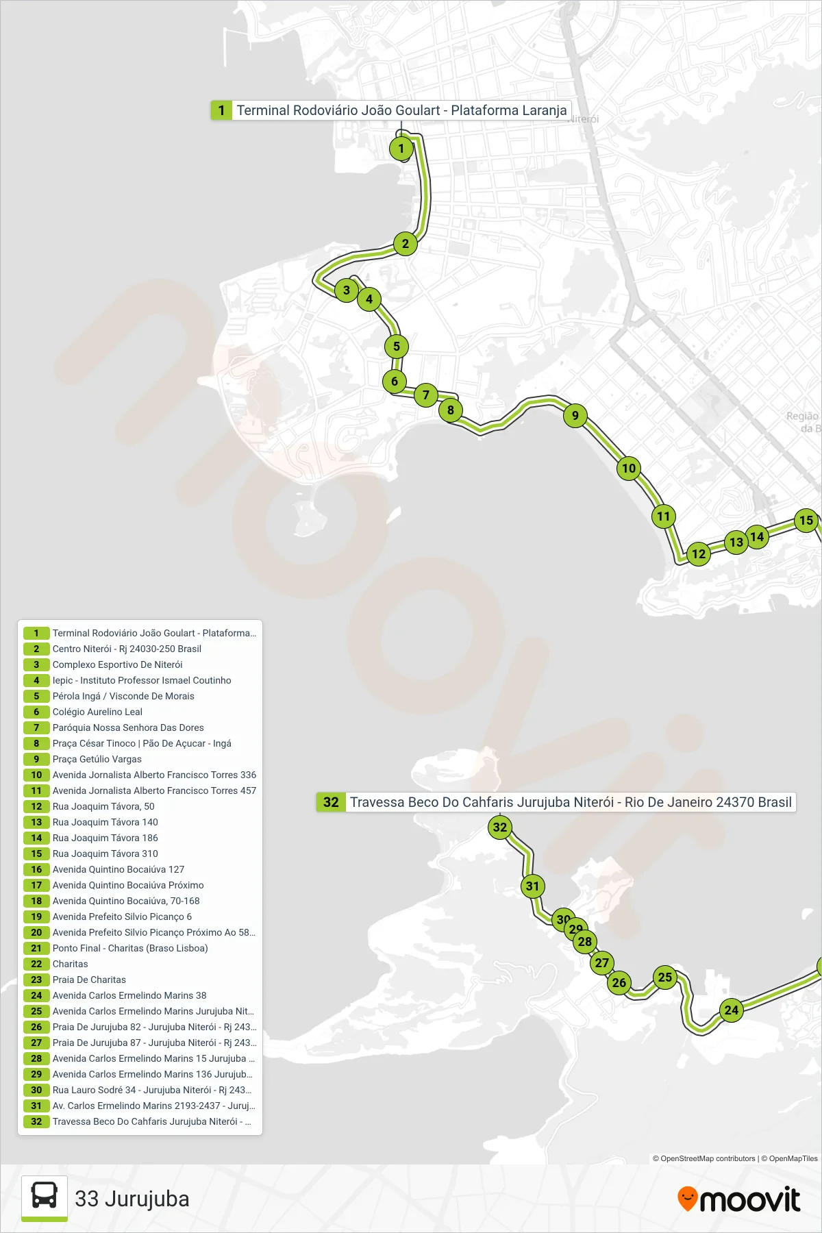 33 bus Line (33 Jurujuba) route and stops on a map