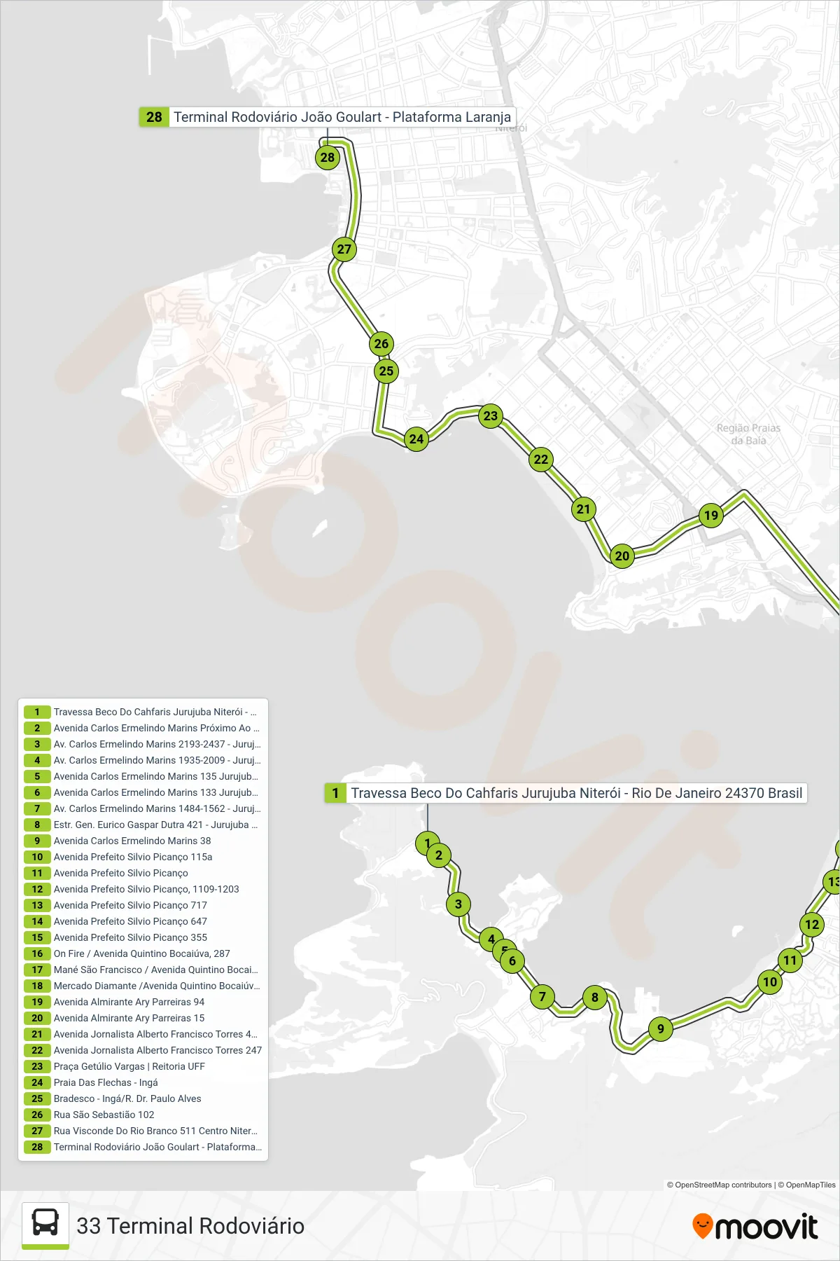 33 bus Line (33 Terminal Rodoviário) route and stops on a map