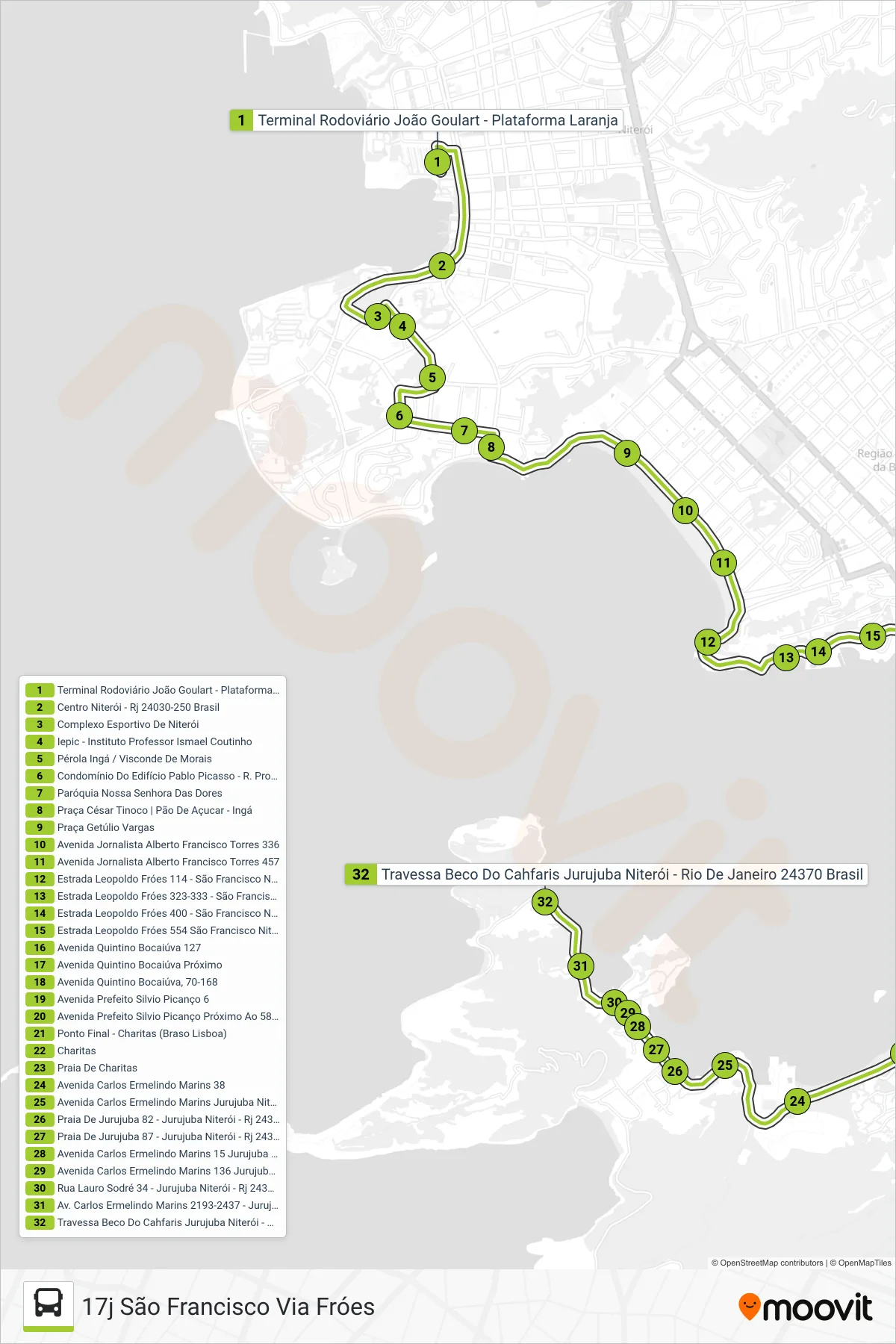Rota e paradas da linha de ônibus 33 (17j São Francisco Via Fróes) no mapa