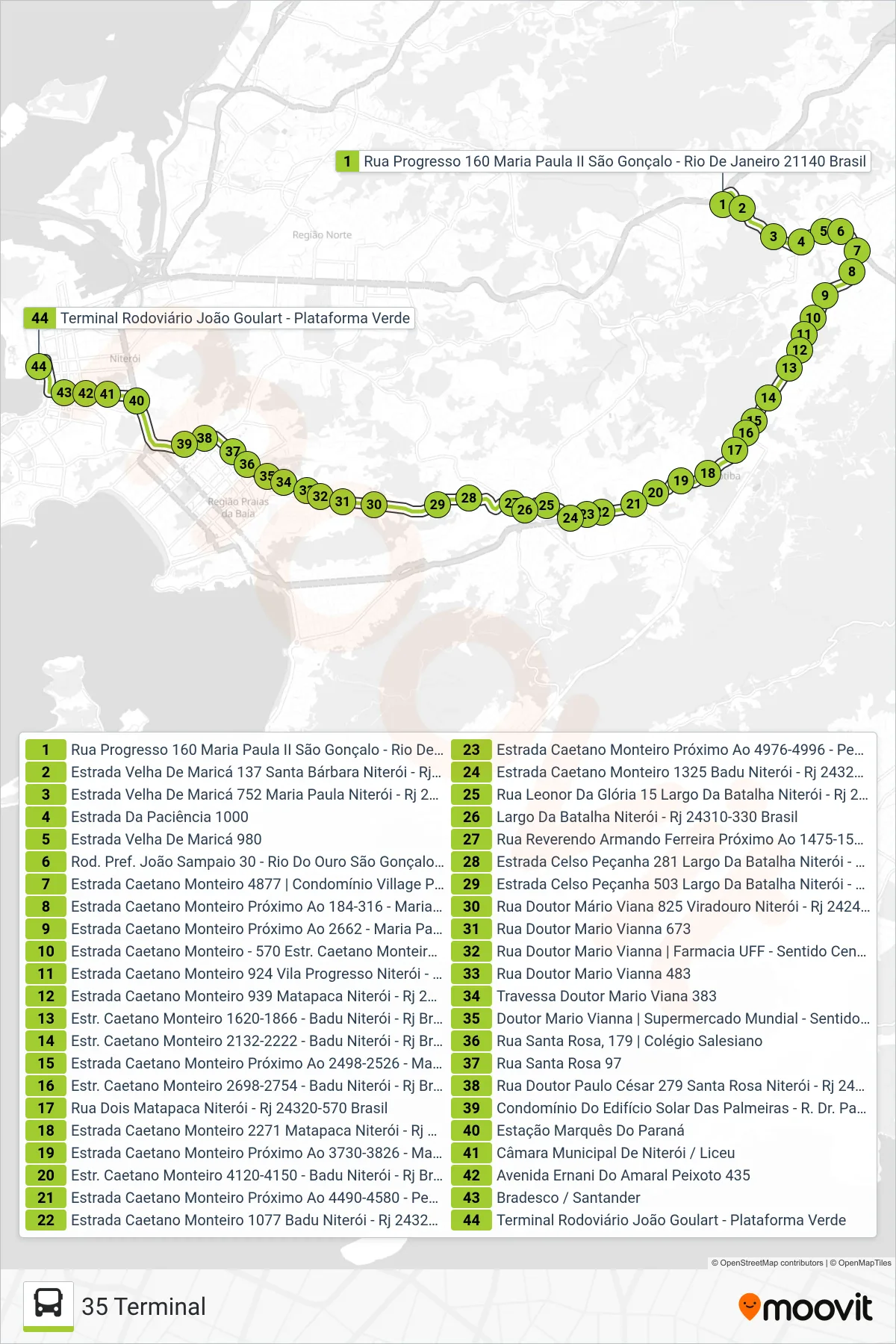 Rota e paradas da linha de ônibus 35 (35 Terminal) no mapa
