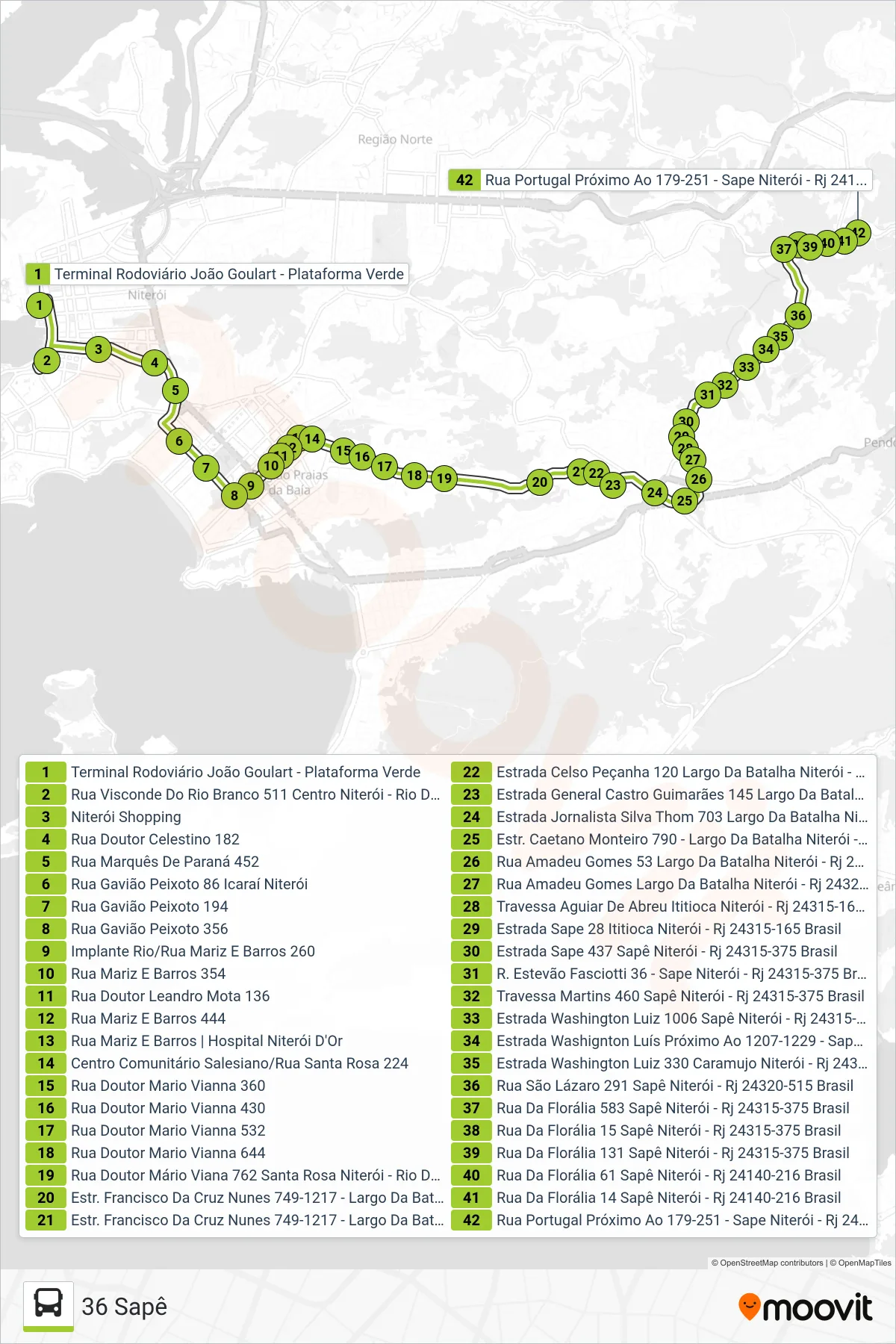 Rota e paradas da linha de ônibus 36 (36 Sapê) no mapa