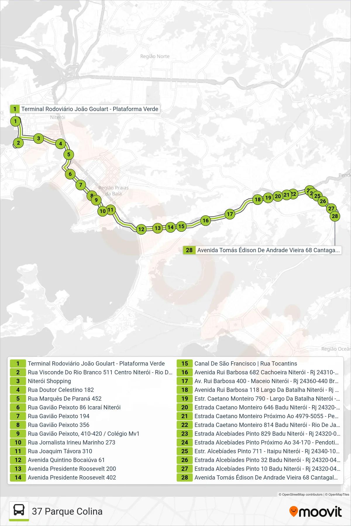 Rota e paradas da linha de ônibus 37 (37 Parque Colina) no mapa