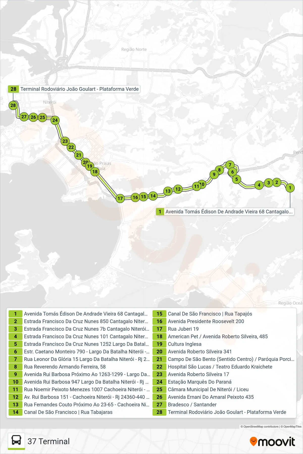37 bus Line (37 Terminal) route and stops on a map