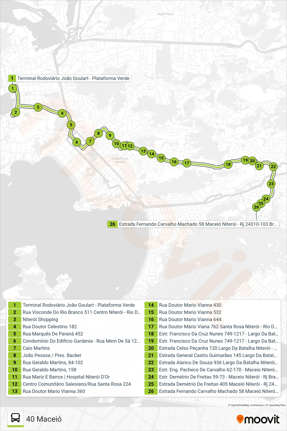 Rota e paradas da linha de ônibus 40 (40 Maceió) no mapa