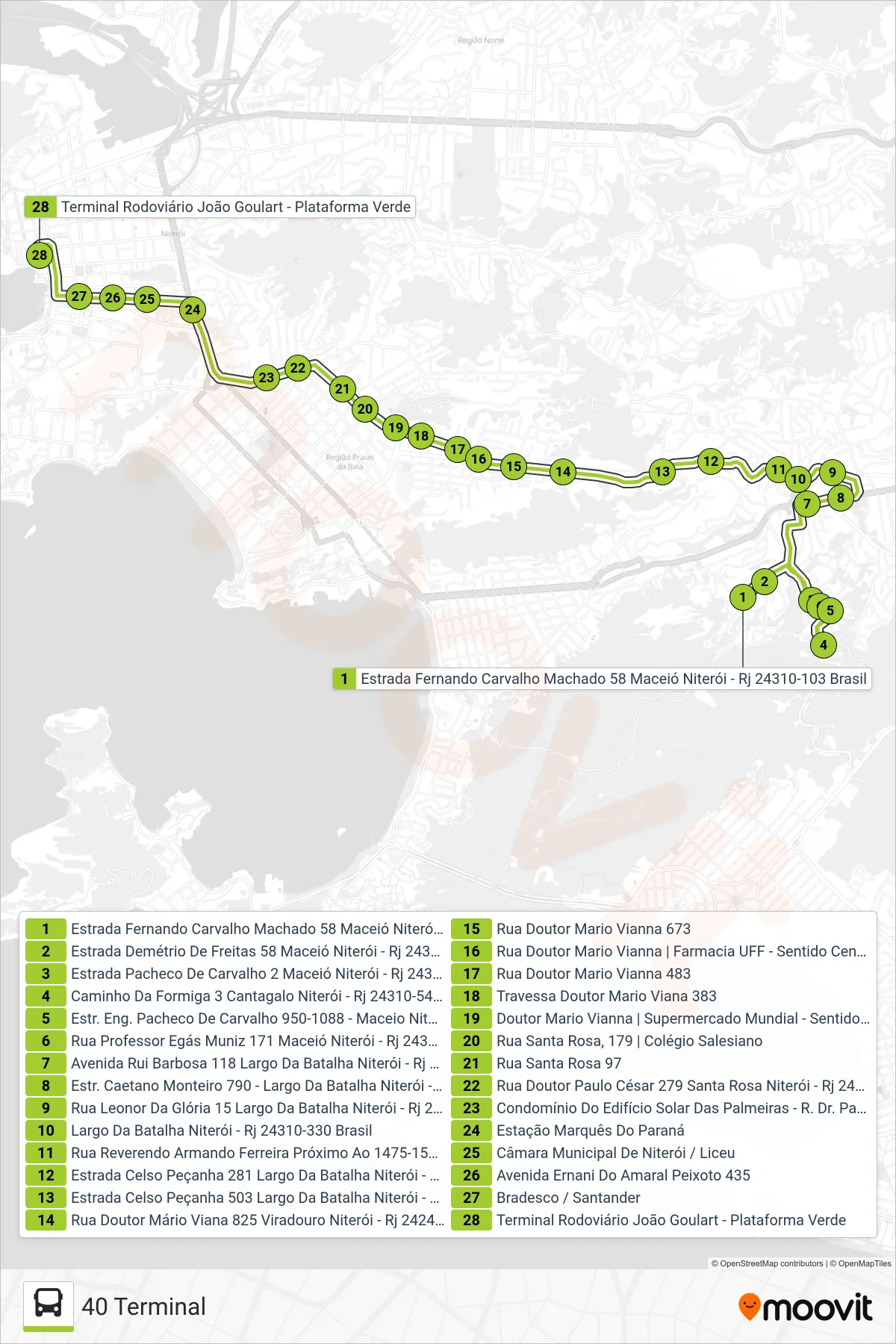 Rota e paradas da linha de ônibus 40 (40 Terminal) no mapa