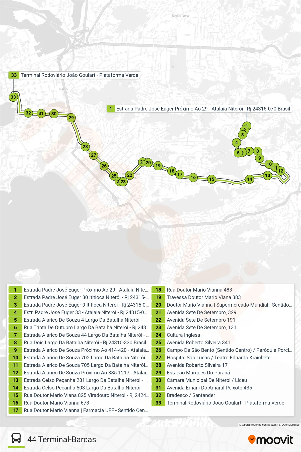 Rota e paradas da linha de ônibus 44 (44 Terminal-Barcas) no mapa
