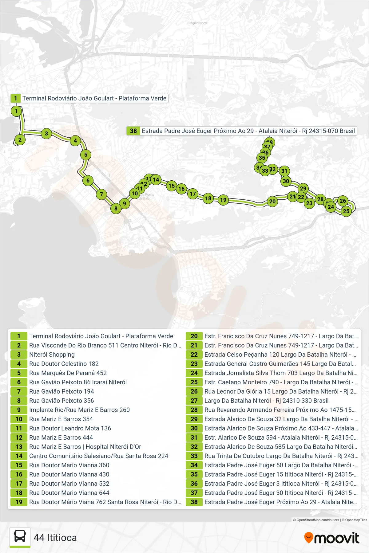 44 bus Line (44 Ititioca) route and stops on a map