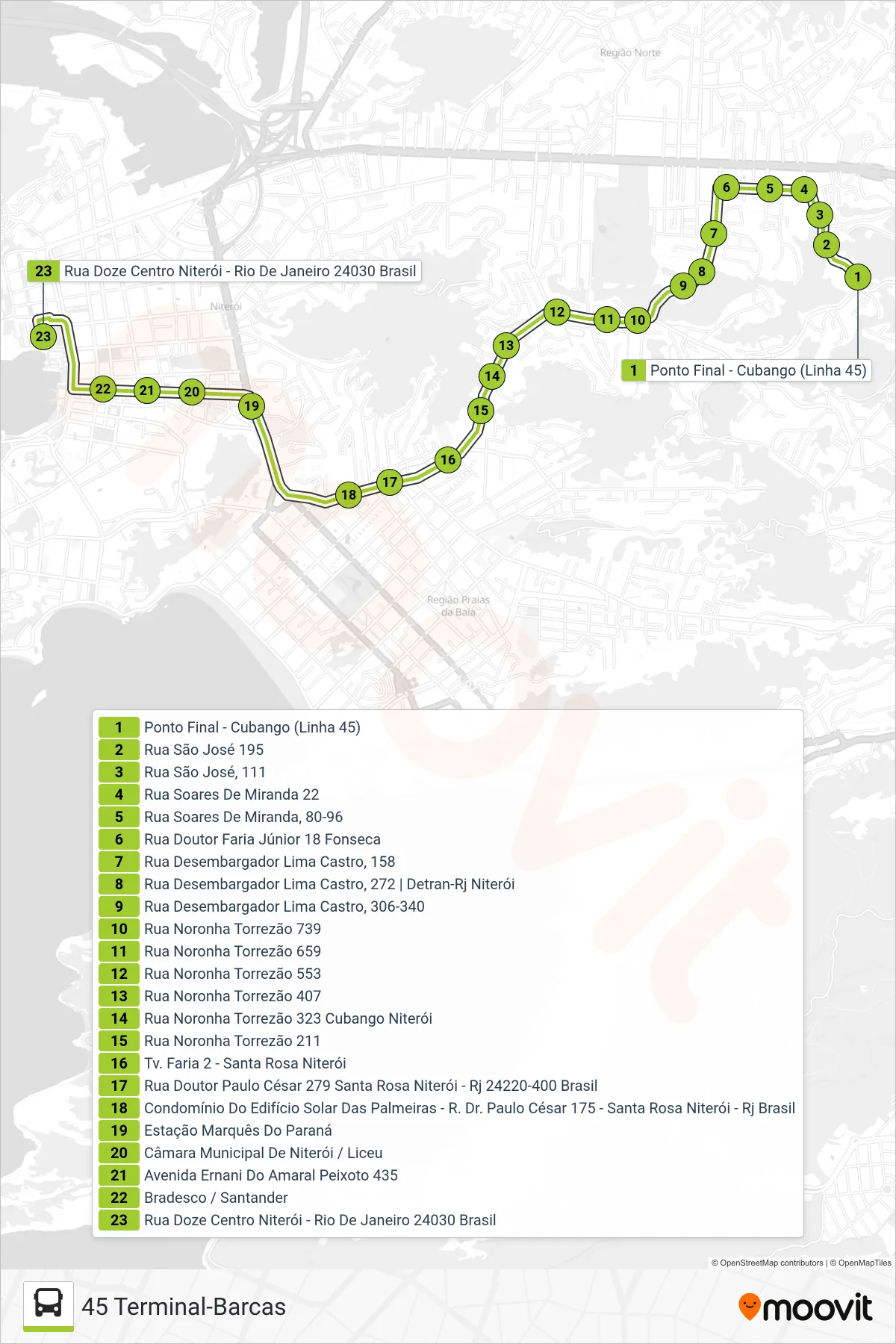 Rota e paradas da linha de ônibus 45 (45 Terminal-Barcas) no mapa