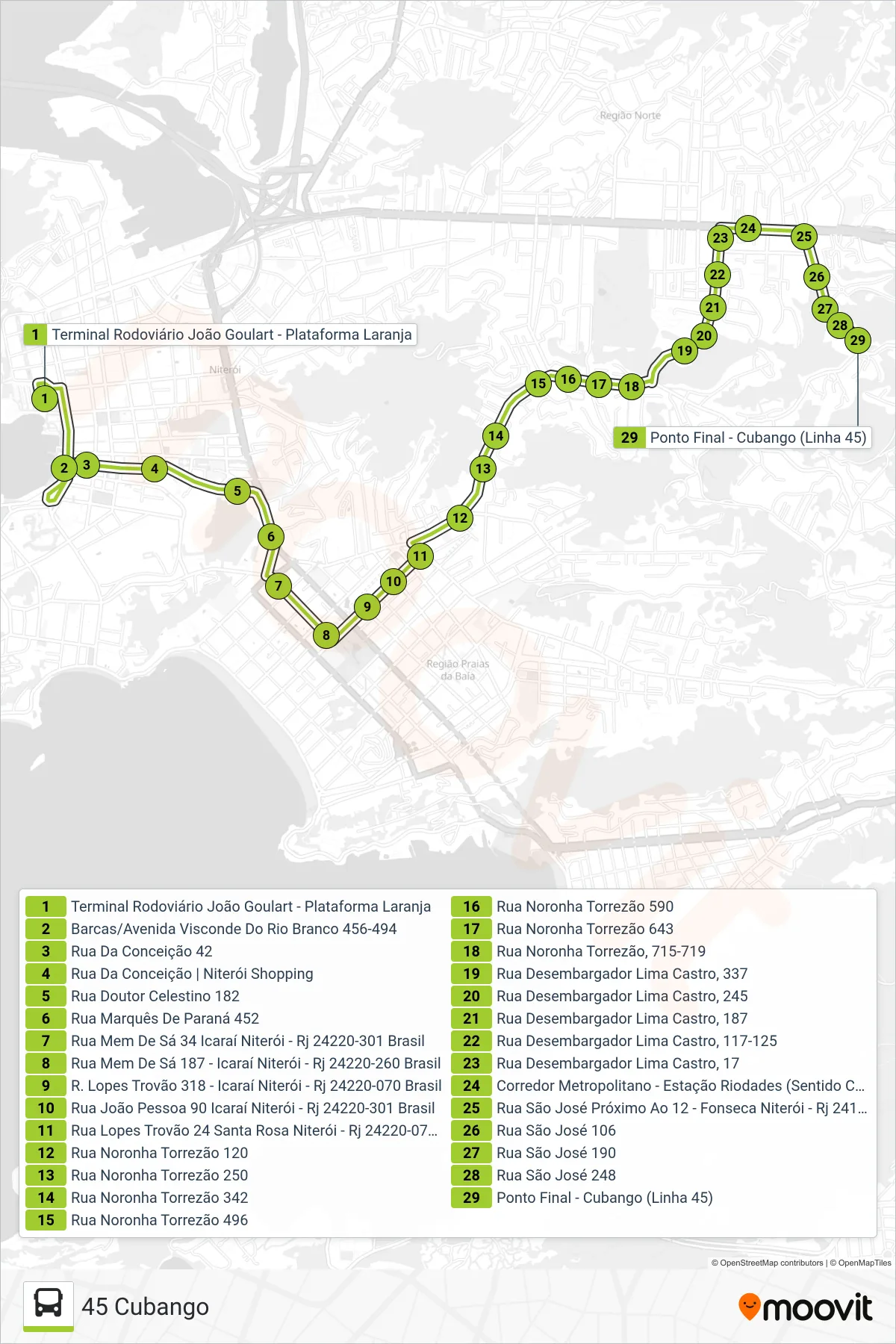 Rota e paradas da linha de ônibus 45 (45 Cubango) no mapa
