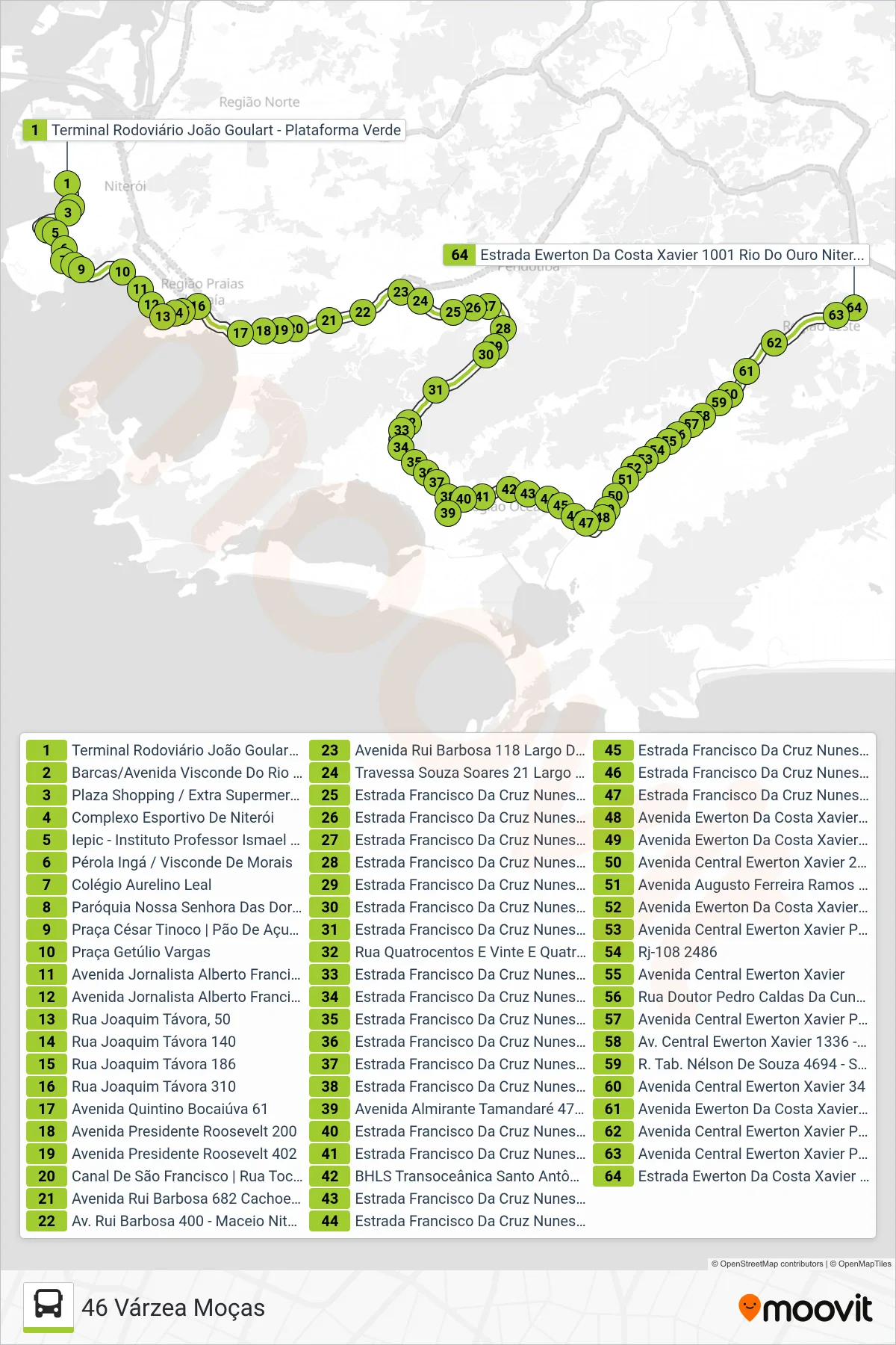 46 bus Line (46 Várzea Moças) route and stops on a map