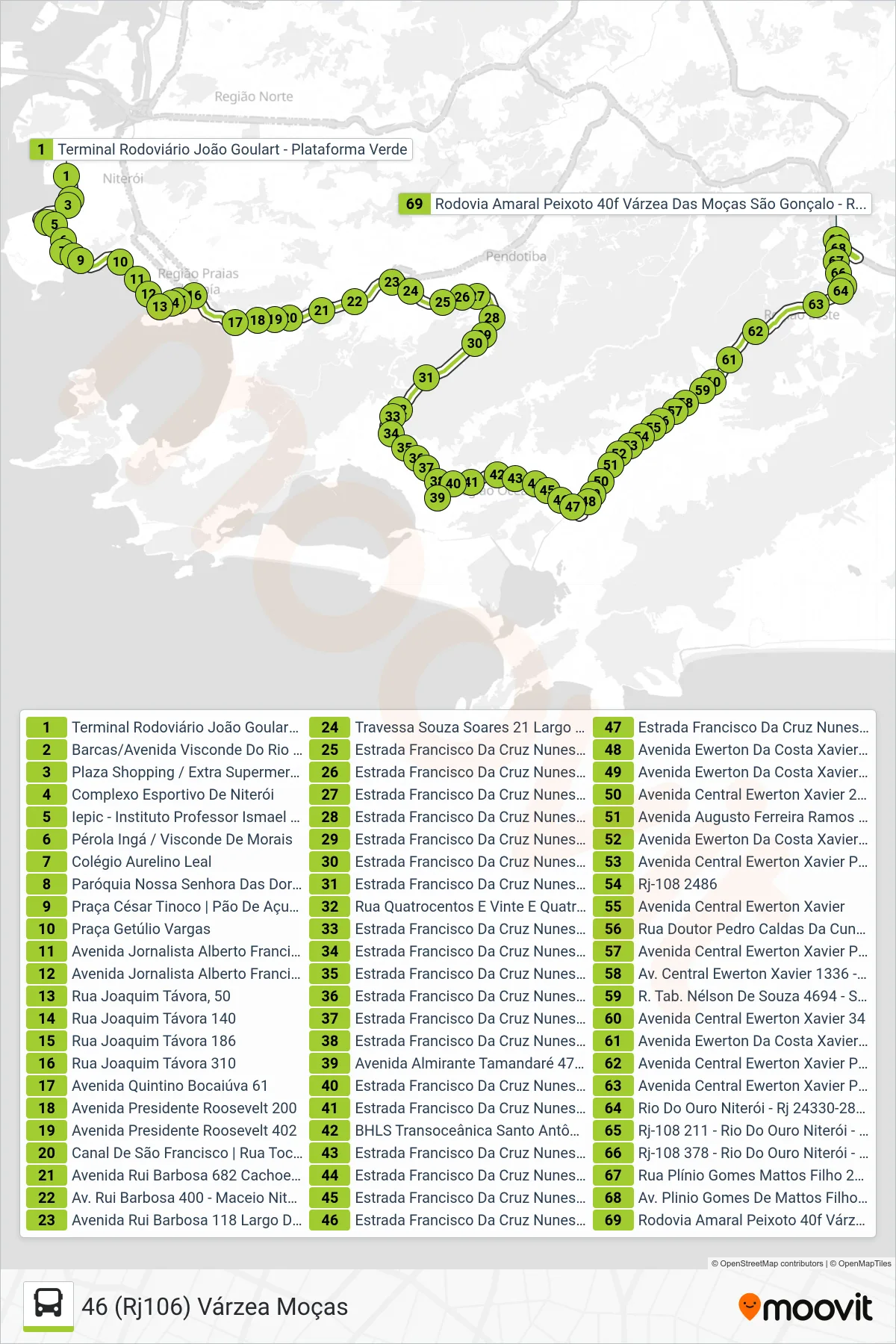 Rota e paradas da linha de ônibus 46 (46 (Rj106) Várzea Moças) no mapa