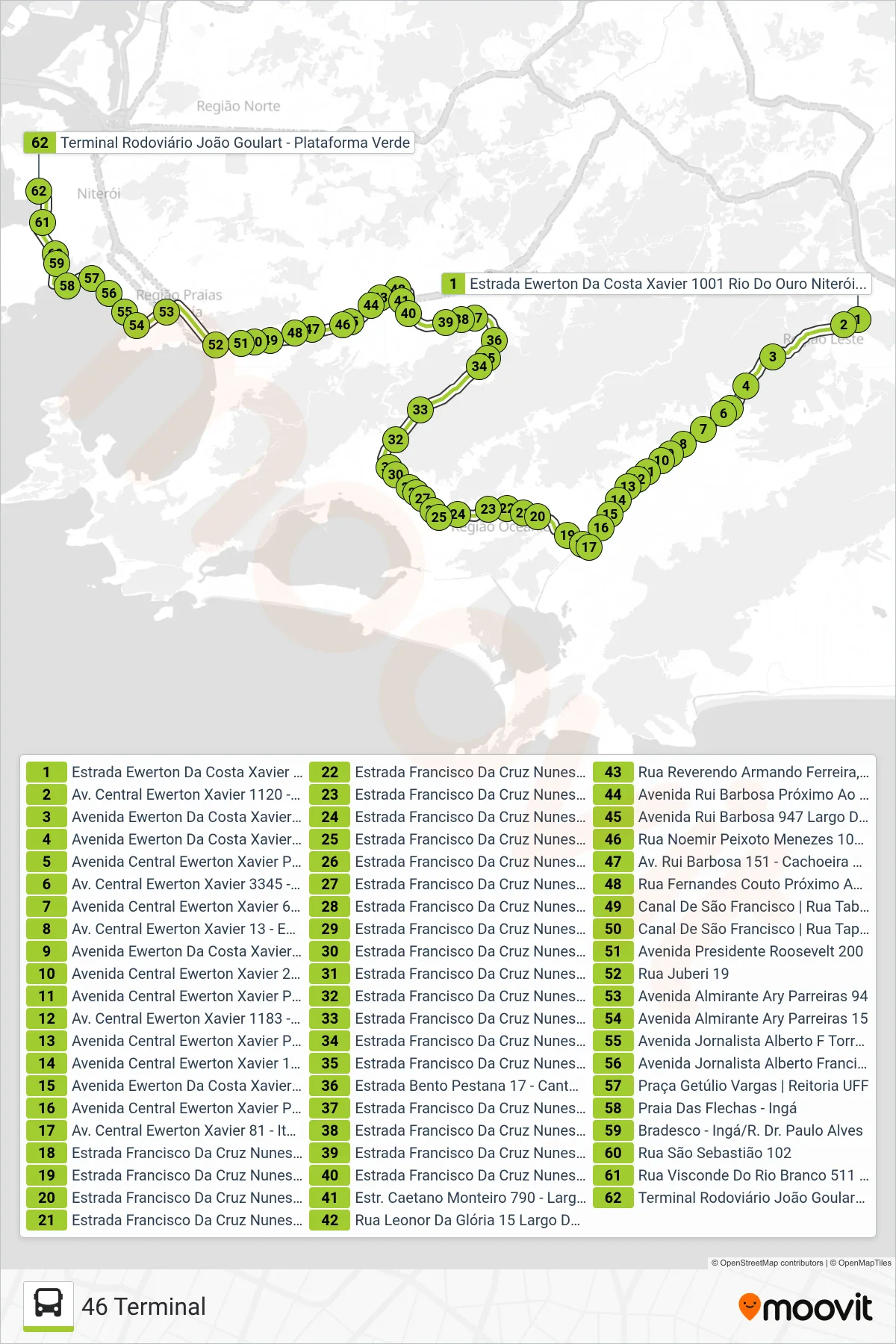 46 bus Line (46 Terminal) route and stops on a map