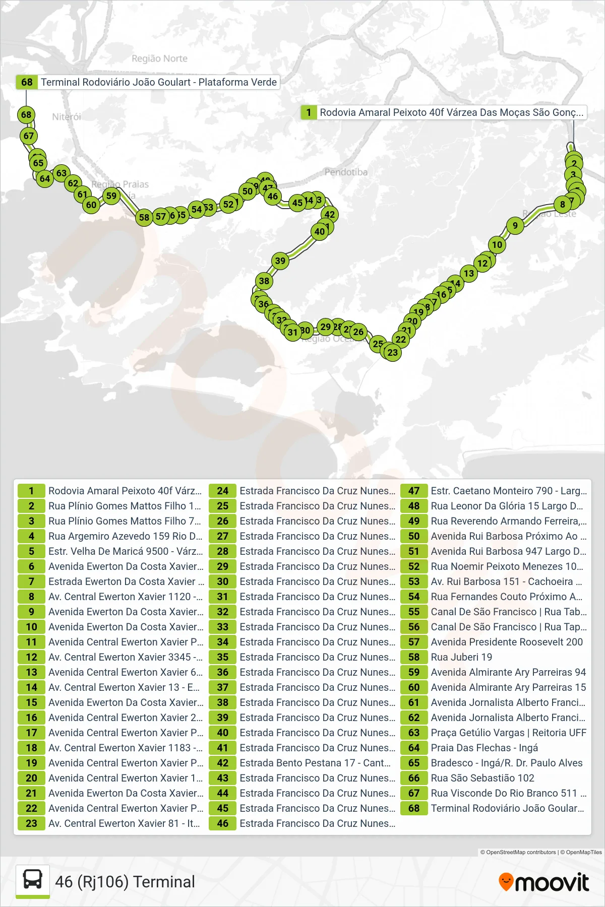Rota e paradas da linha de ônibus 46 (46 (Rj106) Terminal) no mapa