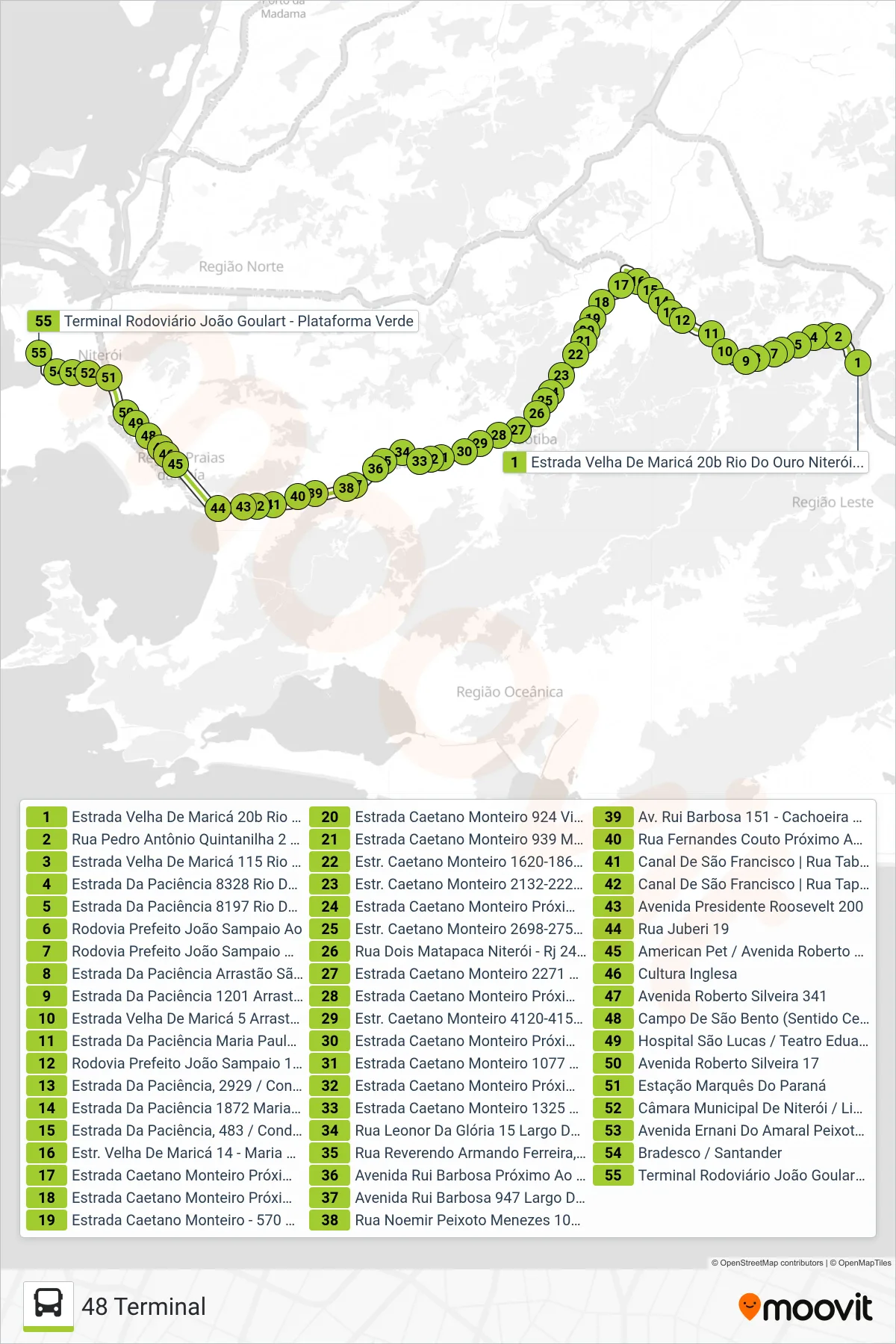 Rota e paradas da linha de ônibus 48 (48 Terminal) no mapa