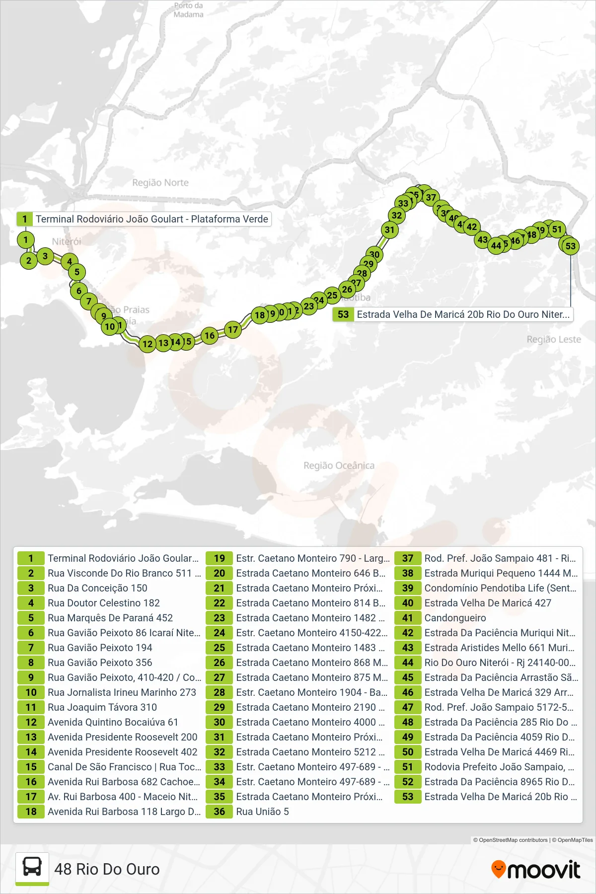 Rota e paradas da linha de ônibus 48 (48 Rio Do Ouro) no mapa