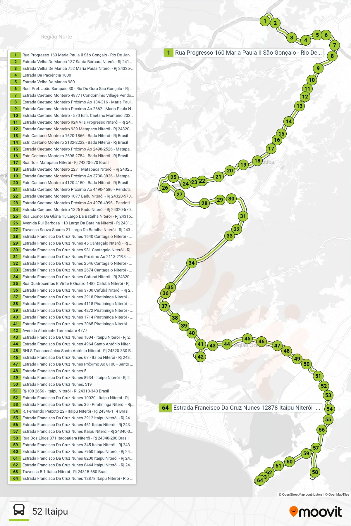 Rota e paradas da linha de ônibus 52 (52 Itaipu) no mapa