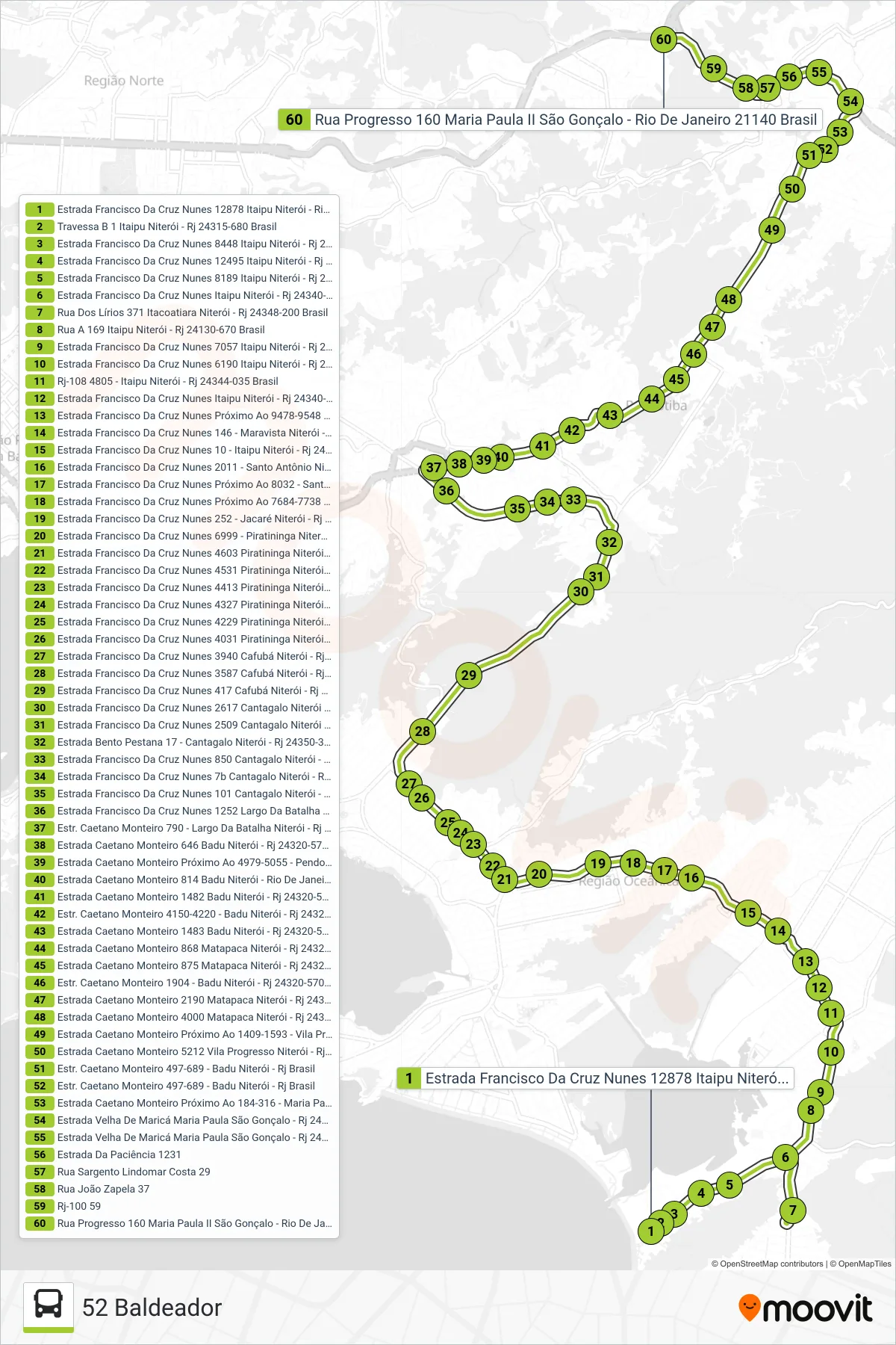 52 bus Line (52 Baldeador) route and stops on a map