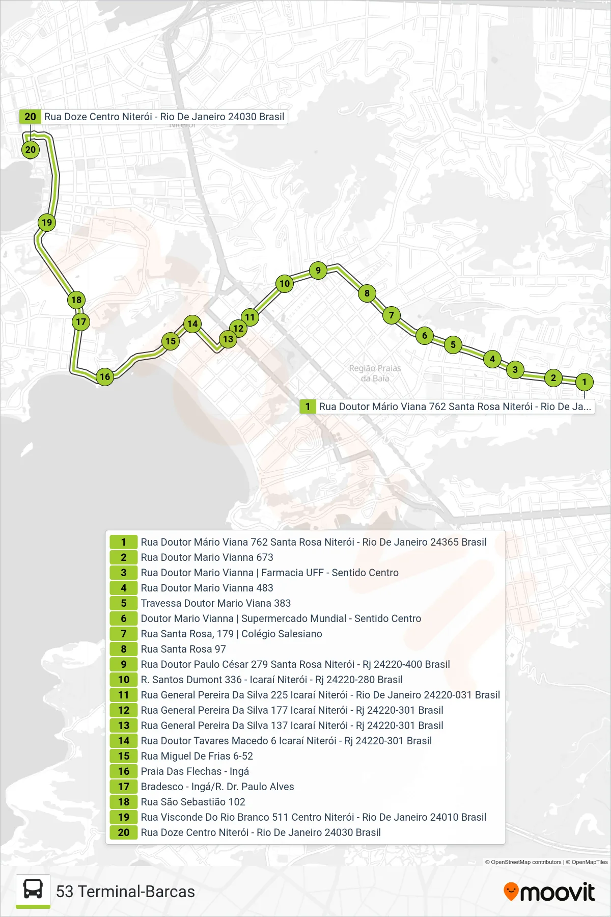 Rota e paradas da linha de ônibus 53 (53 Terminal-Barcas) no mapa