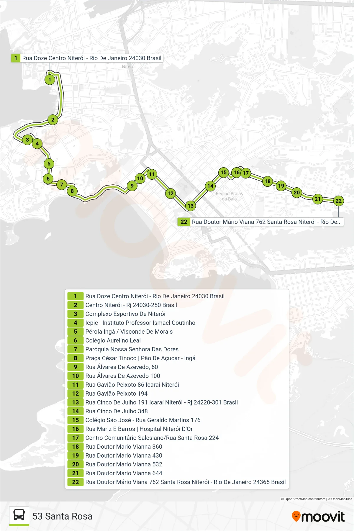 Rota e paradas da linha de ônibus 53 (53 Santa Rosa) no mapa