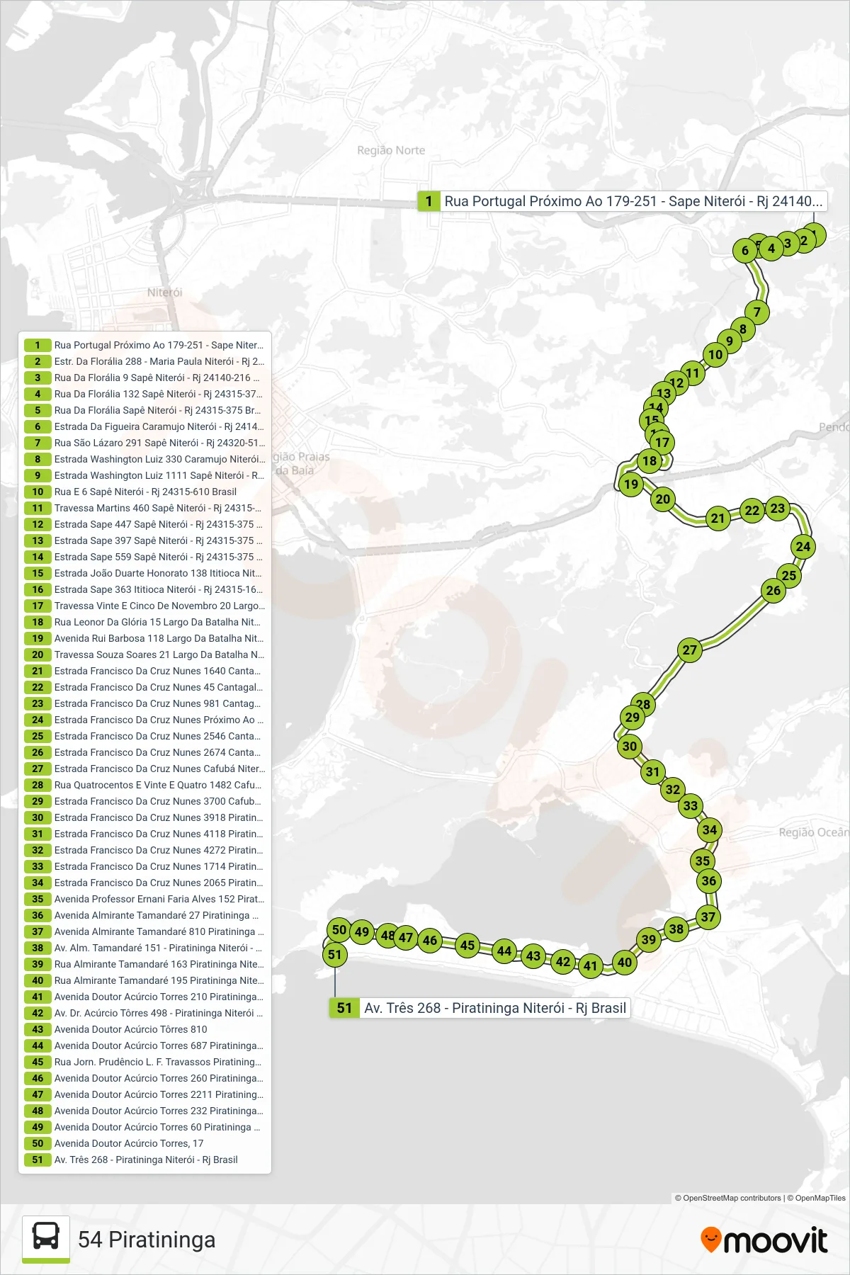 Rota e paradas da linha de ônibus 54 (54 Piratininga) no mapa