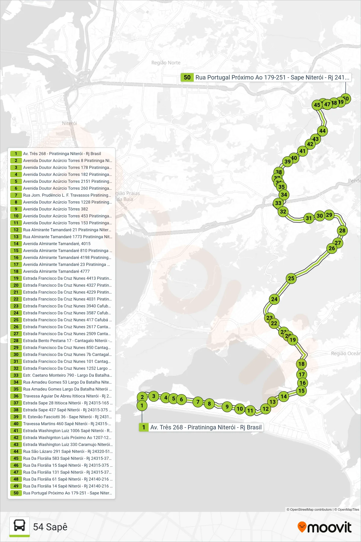 Rota e paradas da linha de ônibus 54 (54 Sapê) no mapa