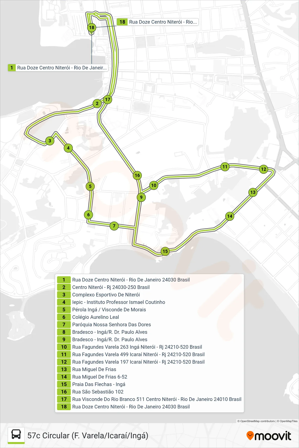 Rota e paradas da linha de ônibus  57  (57c Circular (F. Varela/Icaraí/Ingá)) no mapa