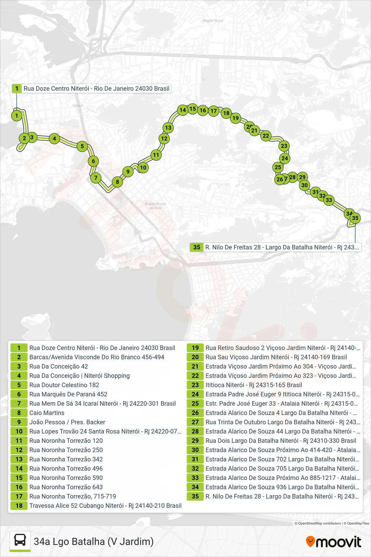 Rota e paradas da linha de ônibus 34A (34a Lgo Batalha (V Jardim)) no mapa