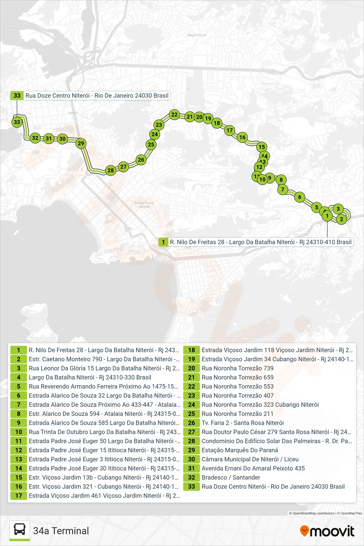 Rota e paradas da linha de ônibus 34A (34a Terminal) no mapa