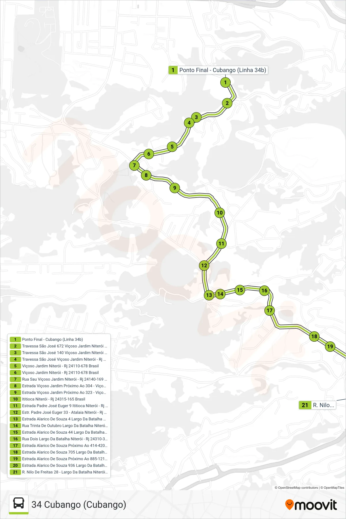 Rota e paradas da linha de ônibus 34B (34 Cubango (Cubango)) no mapa