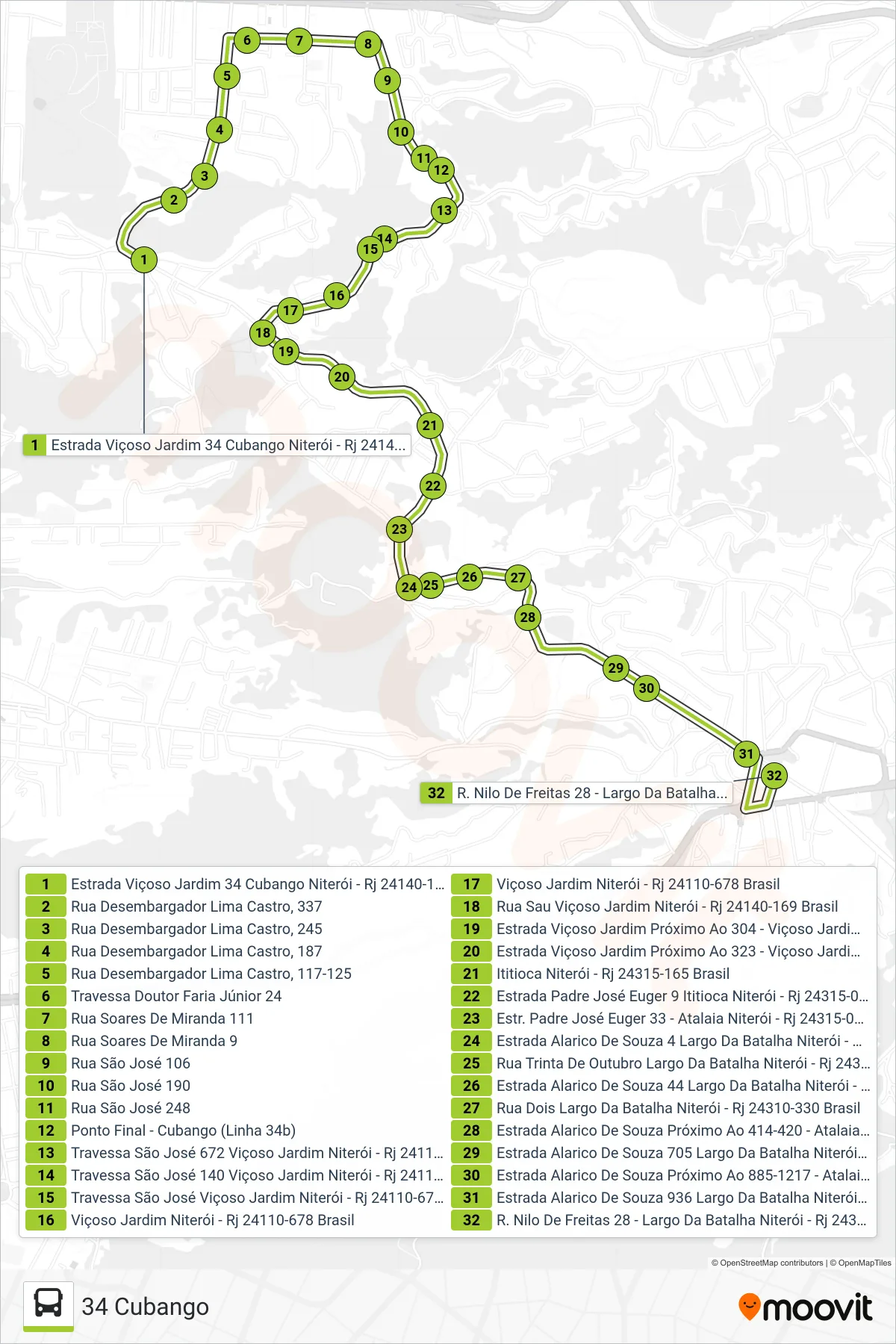 Rota e paradas da linha de ônibus 34B (34 Cubango) no mapa