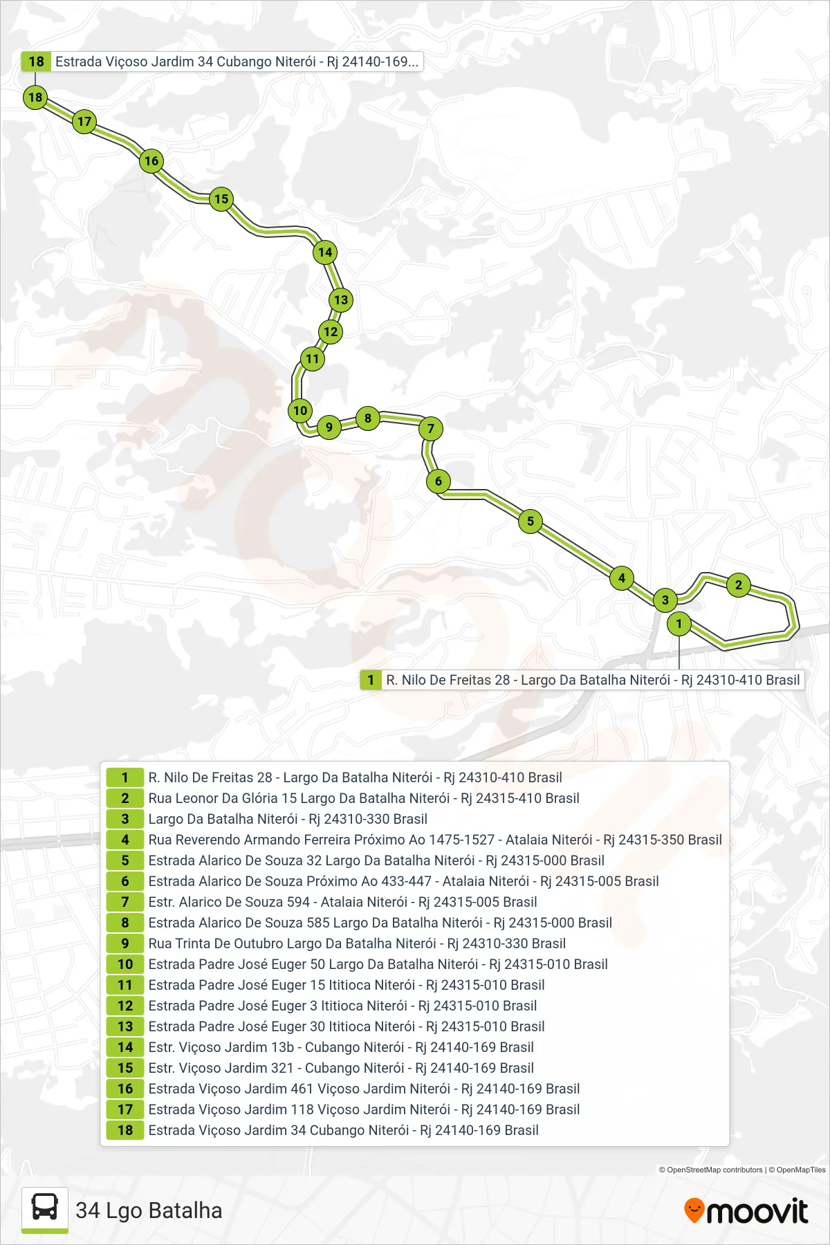 Rota e paradas da linha de ônibus 34B (34 Lgo Batalha) no mapa