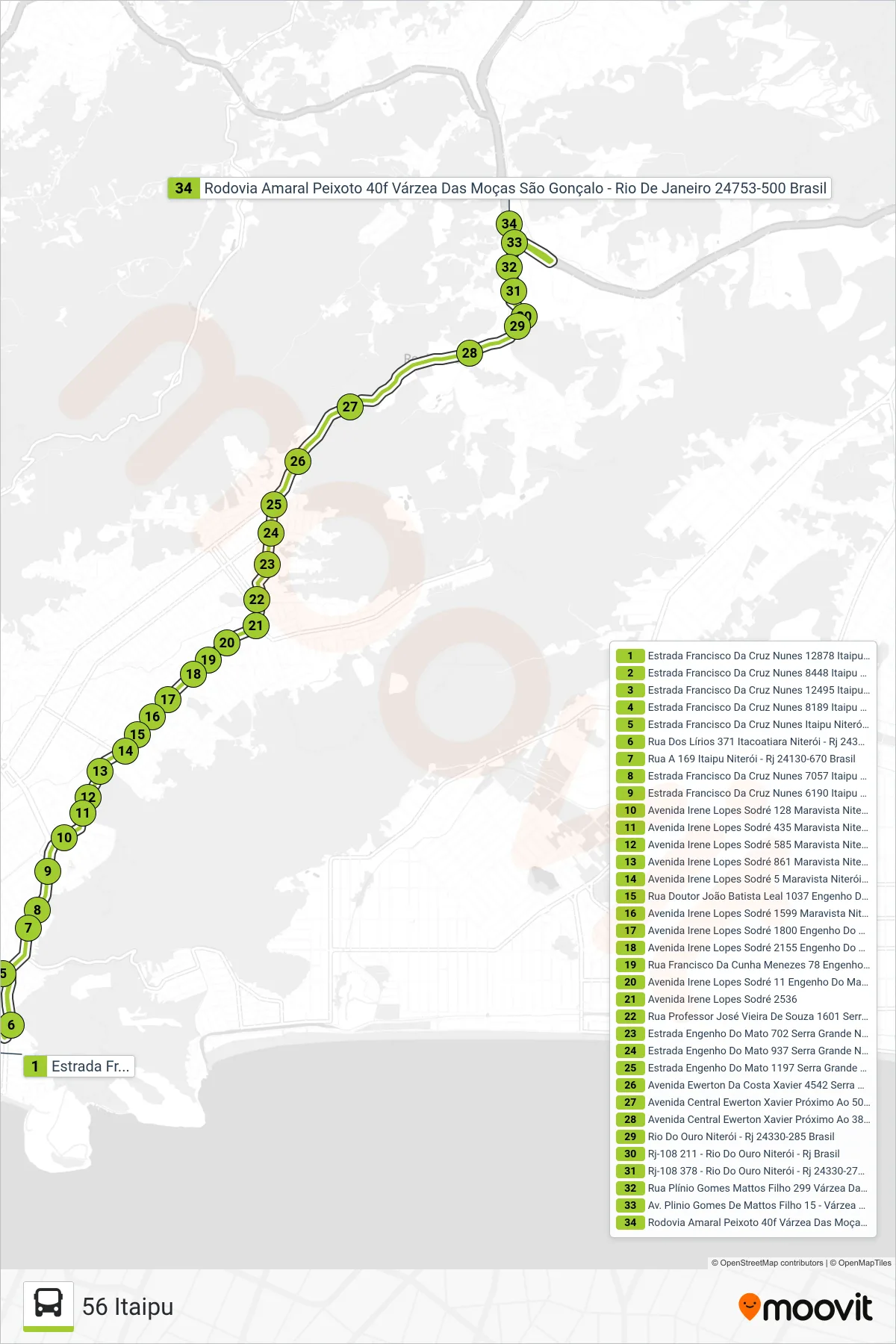 Rota e paradas da linha de ônibus 38A (56 Itaipu) no mapa