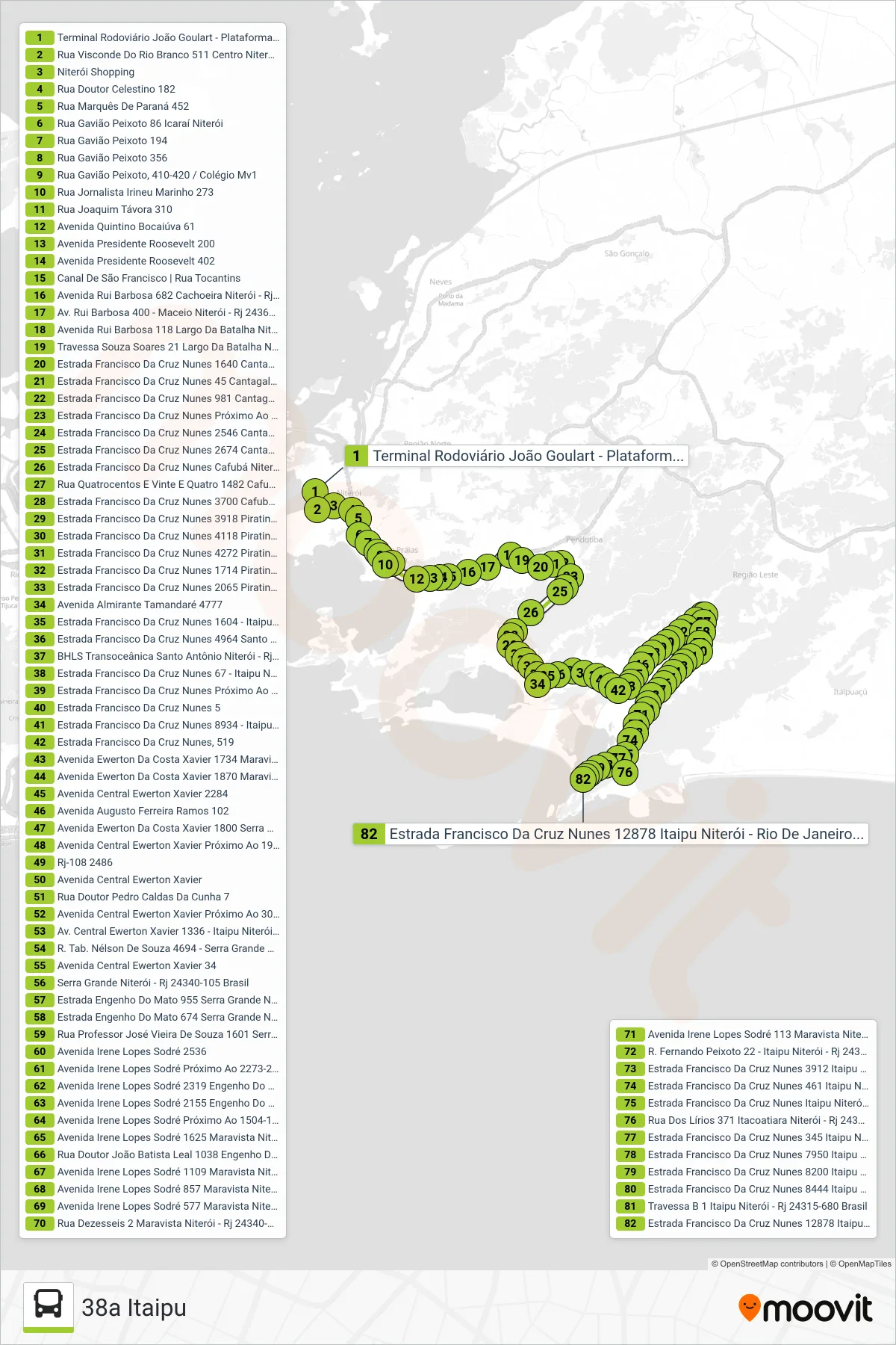 38A bus Line (38a Itaipu) route and stops on a map