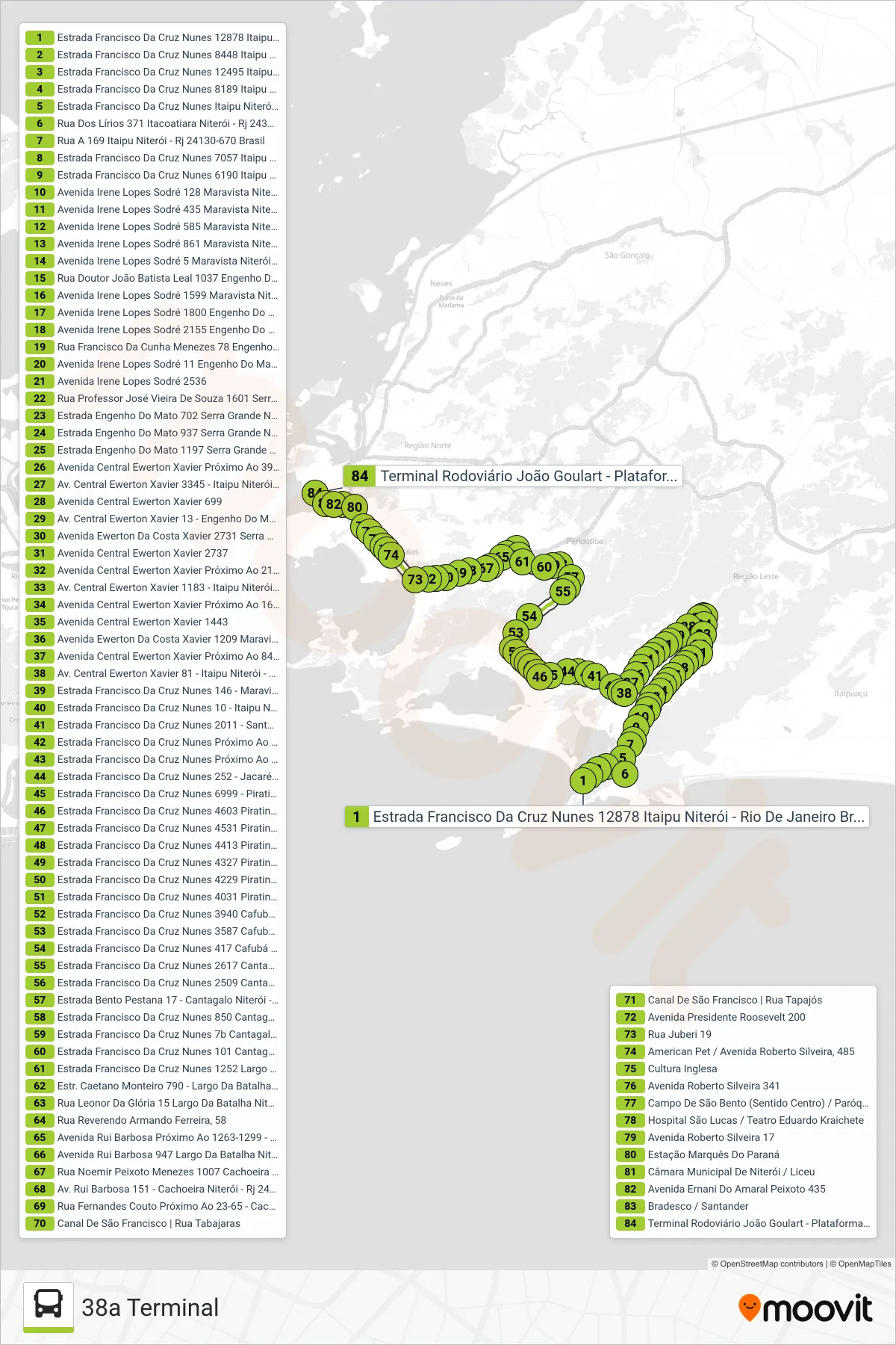 38A bus Line (38a Terminal) route and stops on a map