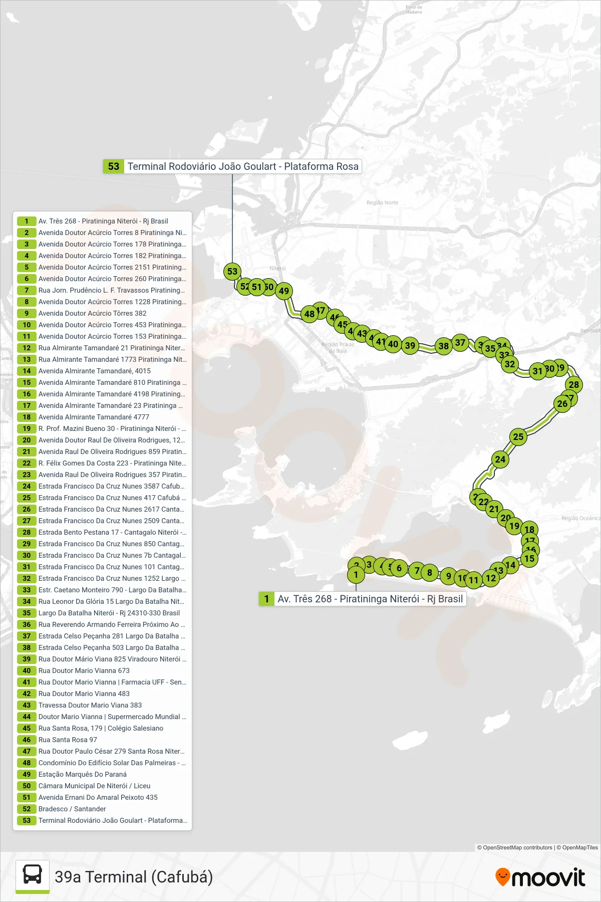 39A bus Line (39a Terminal (Cafubá)) route and stops on a map