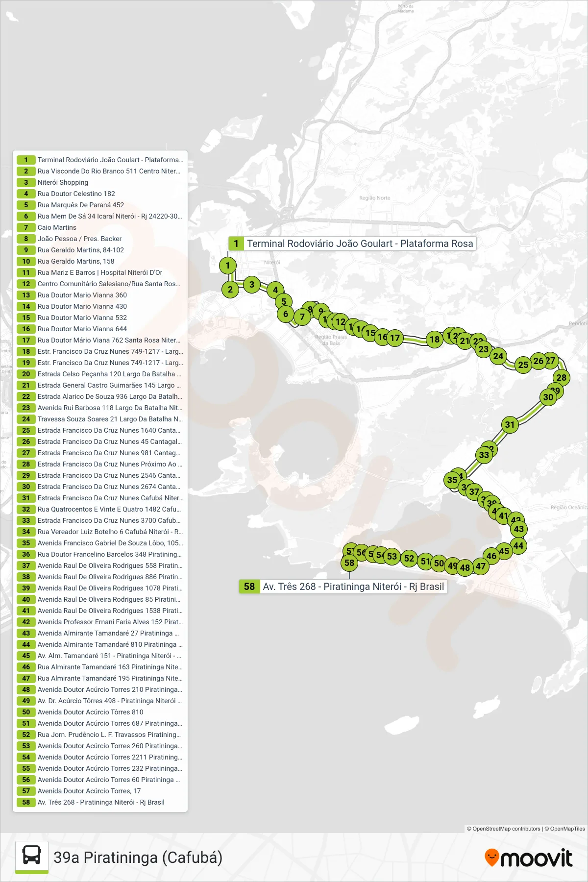 Rota e paradas da linha de ônibus 39A (39a Piratininga (Cafubá)) no mapa