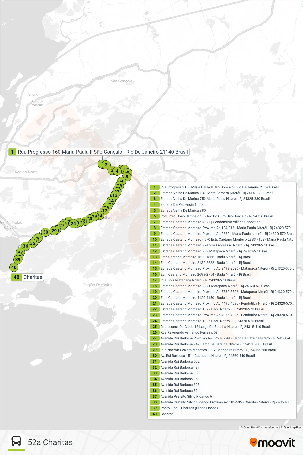 Rota e paradas da linha de ônibus 52A (52a Charitas) no mapa