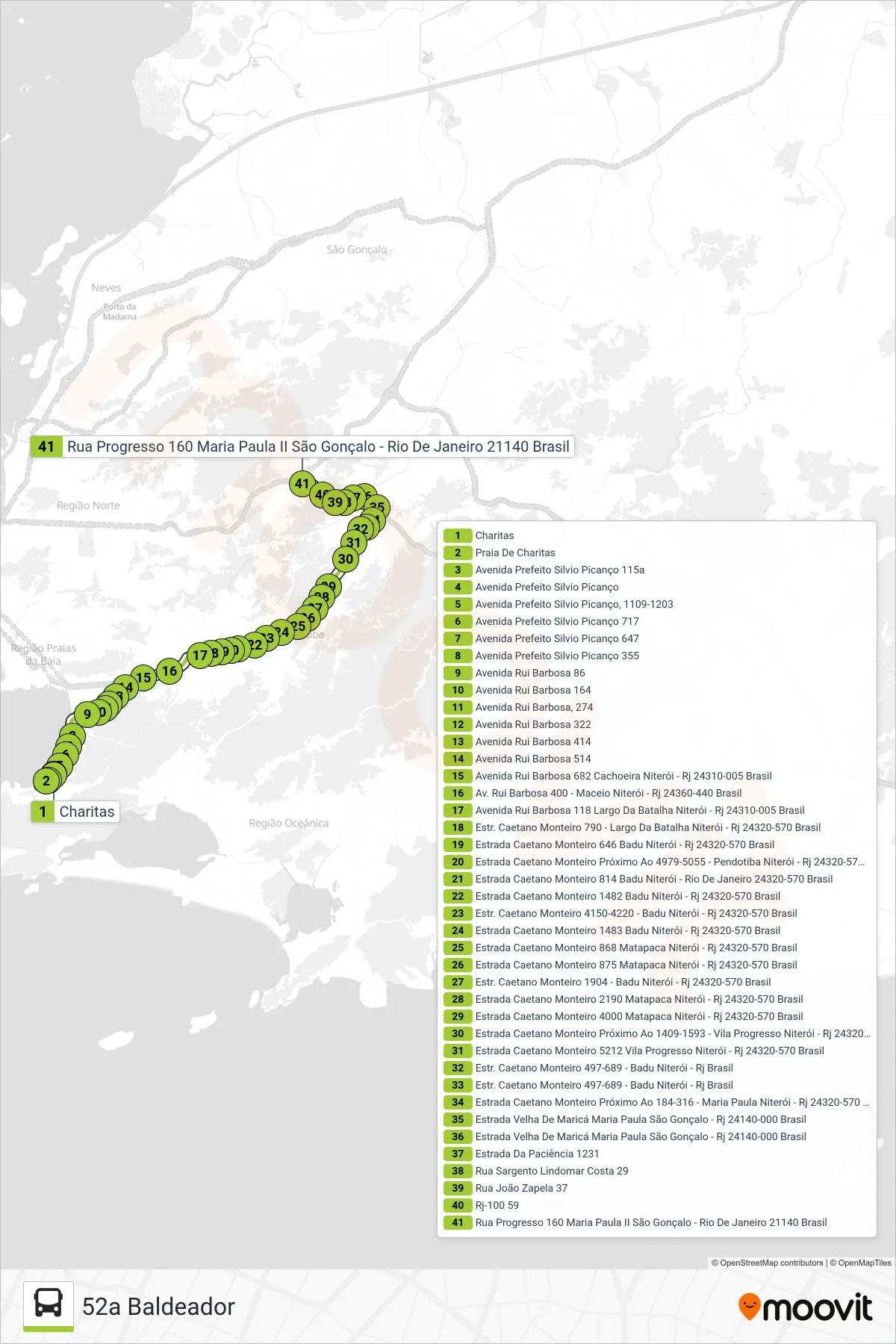 Rota e paradas da linha de ônibus 52A (52a Baldeador) no mapa