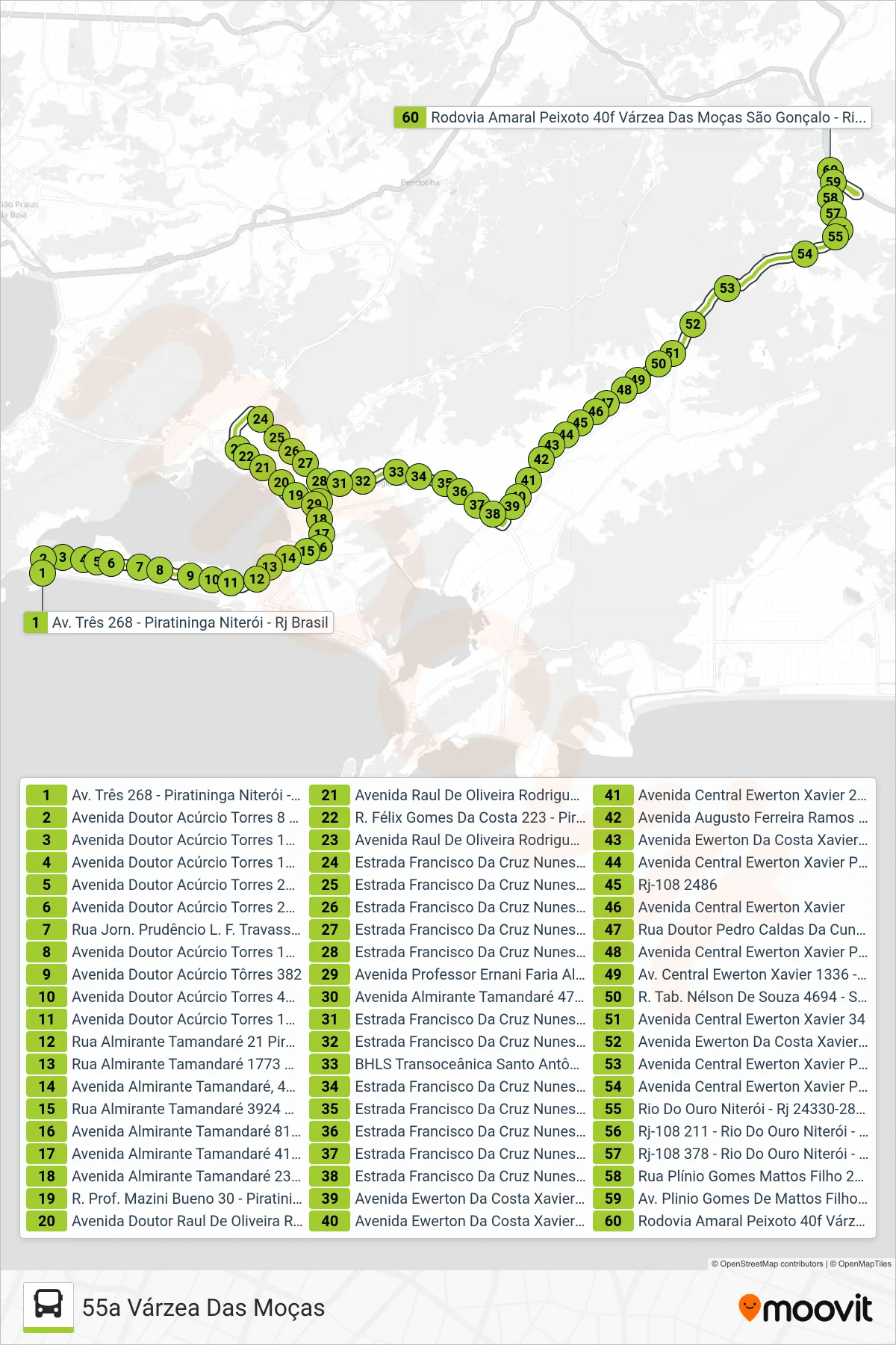 Rota e paradas da linha de ônibus 55A (55a Várzea Das Moças) no mapa
