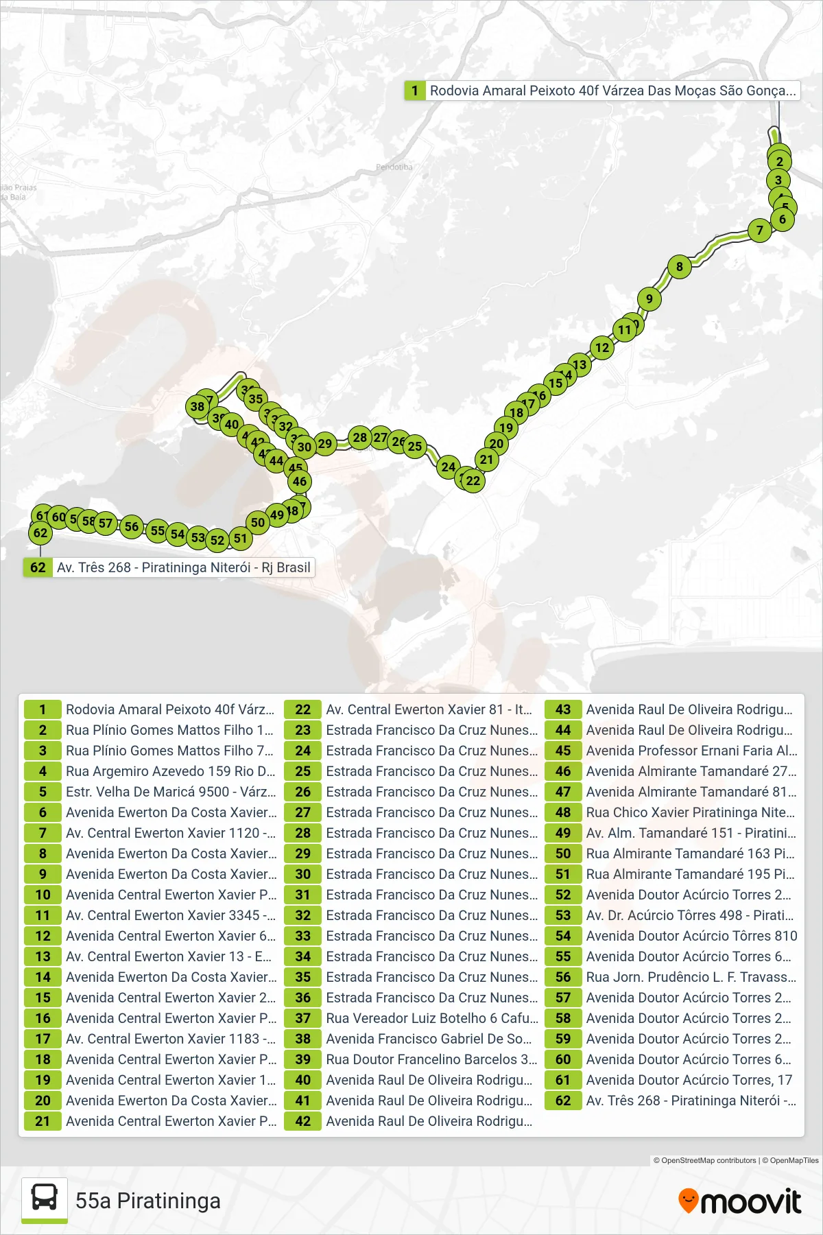 Rota e paradas da linha de ônibus 55A (55a Piratininga) no mapa