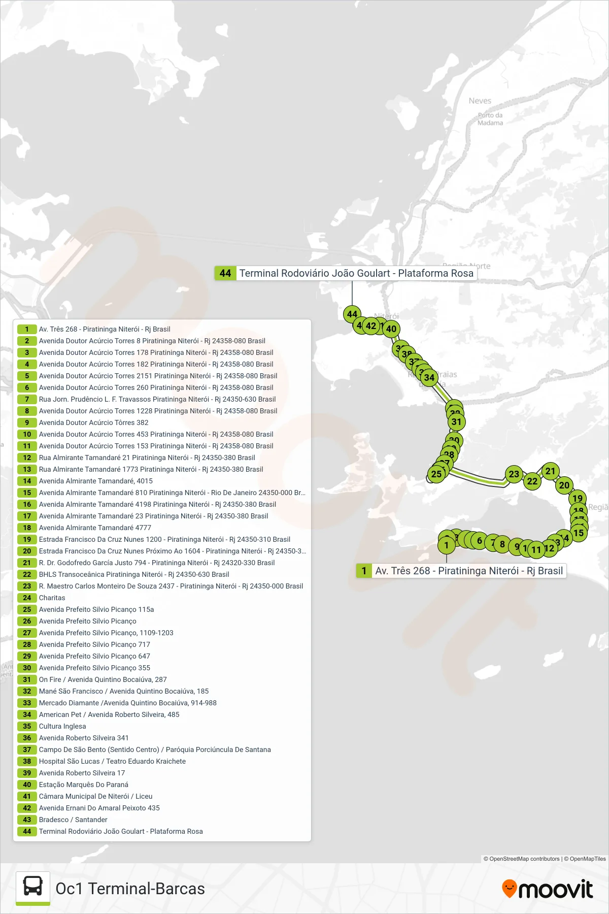 Rota e paradas da linha de ônibus OC1 (Oc1 Terminal-Barcas) no mapa