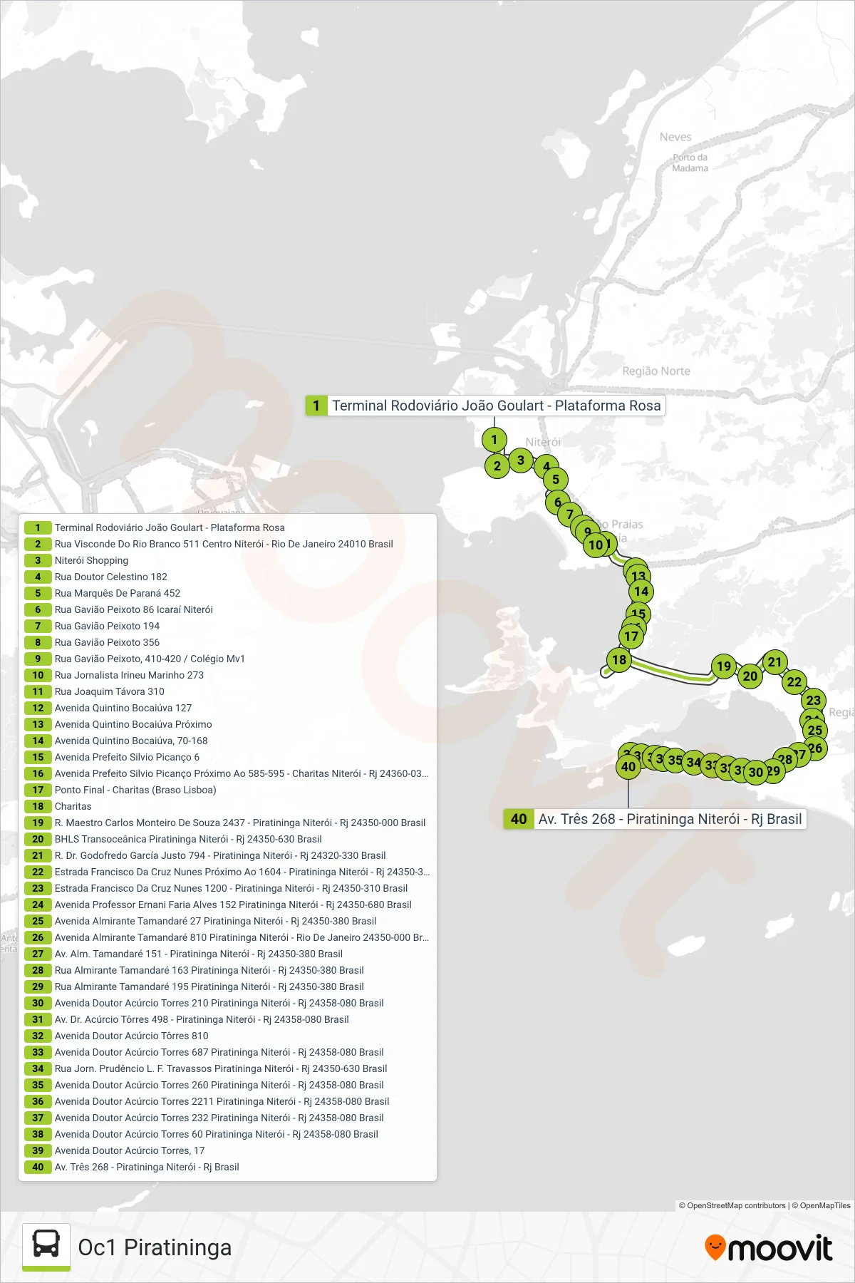 Rota e paradas da linha de ônibus OC1 (Oc1 Piratininga) no mapa