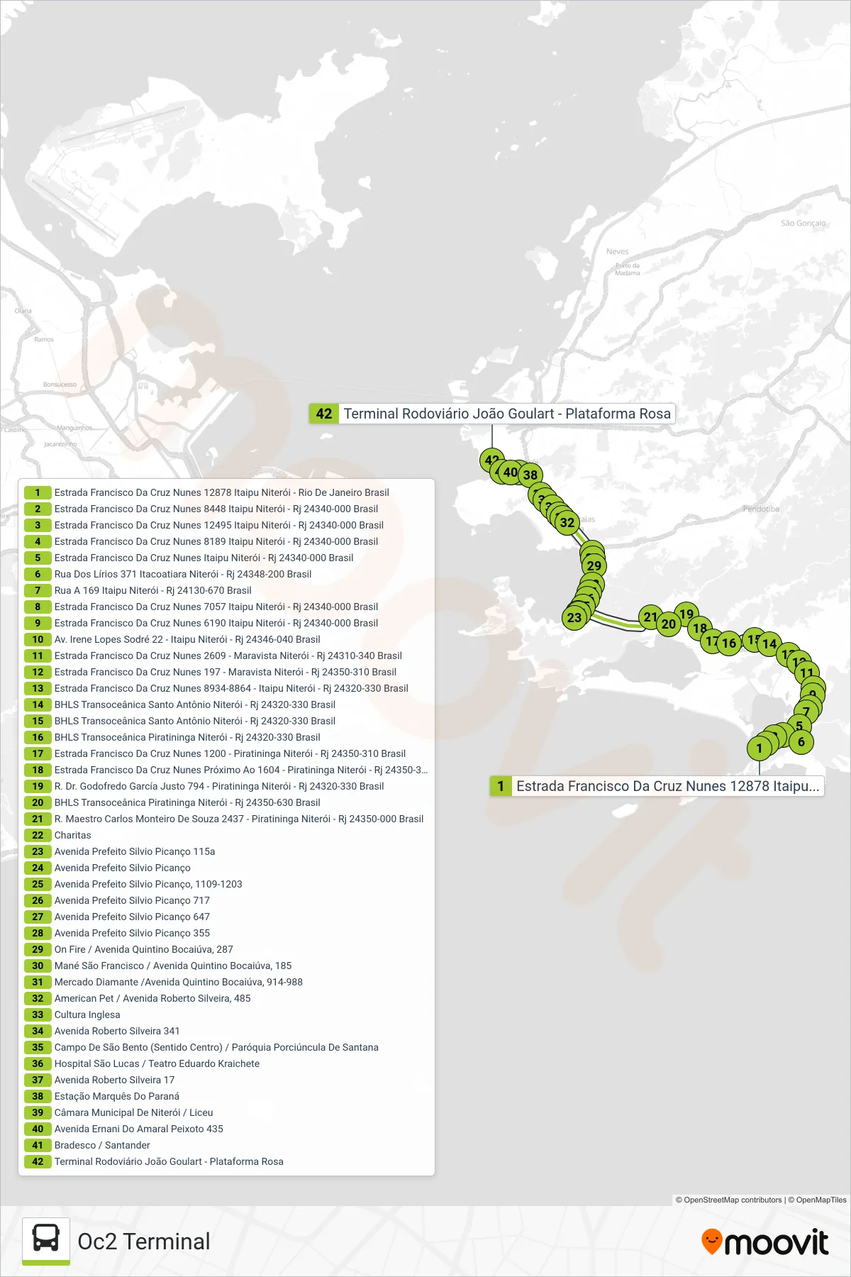 Rota e paradas da linha de ônibus OC2 (Oc2 Terminal) no mapa