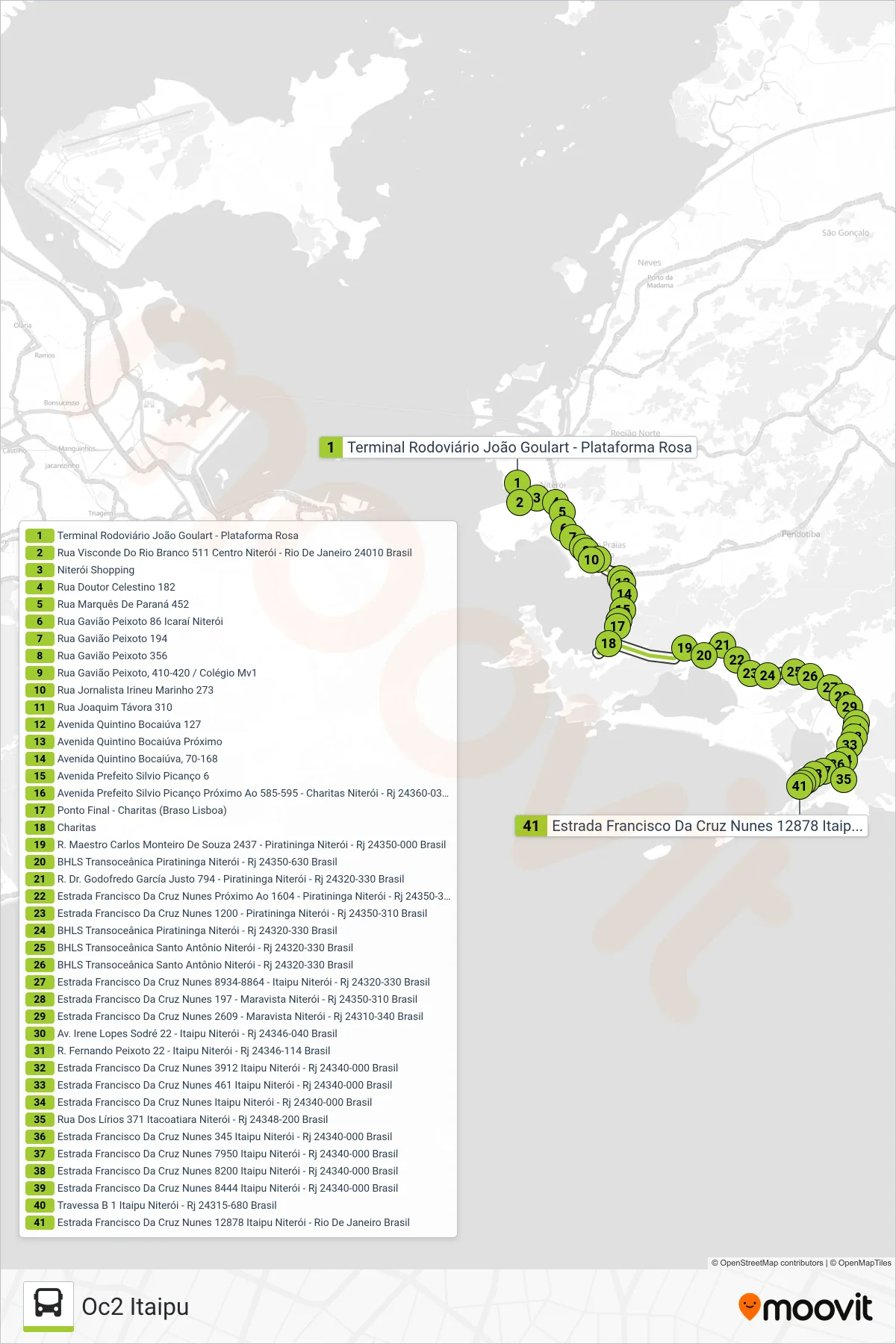 Rota e paradas da linha de ônibus  OC2  (Oc2 Itaipu) no mapa