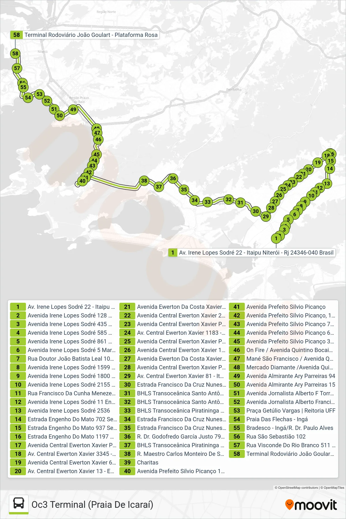OC3 bus Line (Oc3 Terminal (Praia De Icaraí)) route and stops on a map
