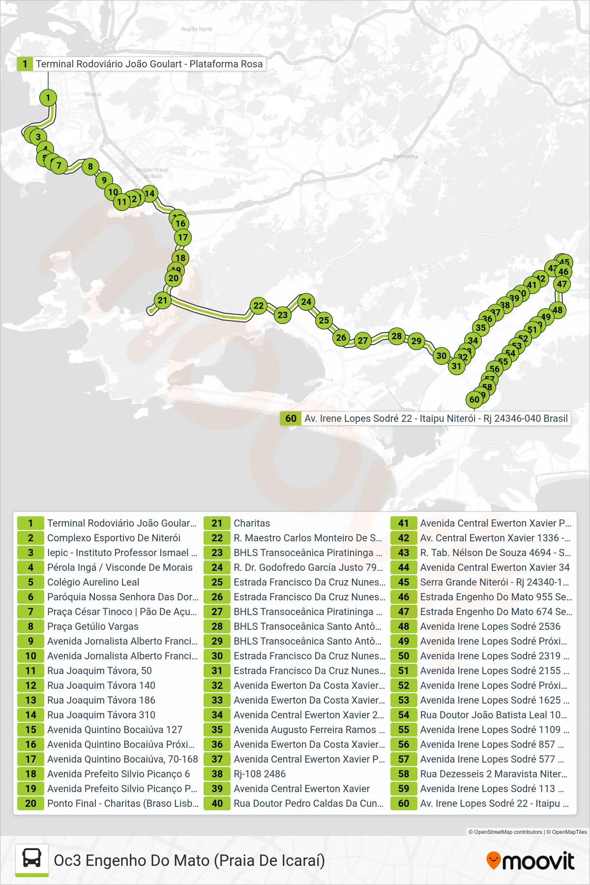 Rota e paradas da linha de ônibus OC3 (Oc3 Engenho Do Mato (Praia De Icaraí)) no mapa