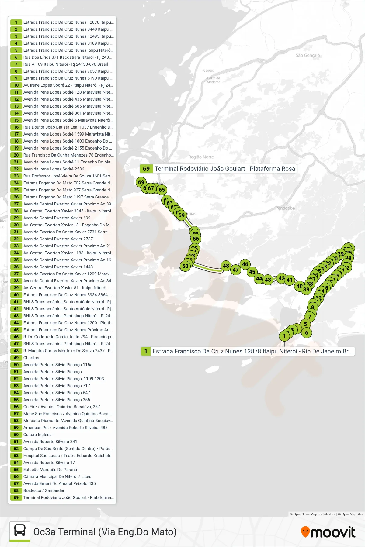 Rota e paradas da linha de ônibus OC3A (Oc3a Terminal (Via Eng.Do Mato)) no mapa